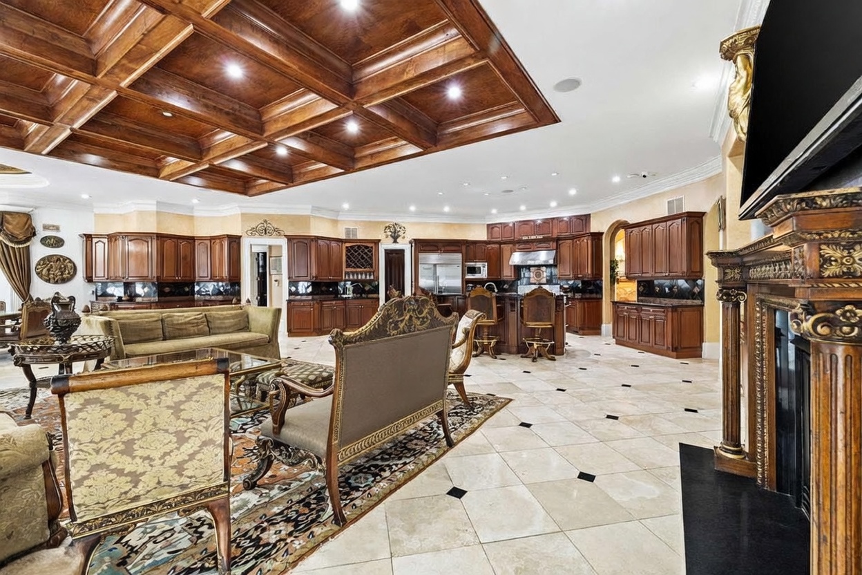 This expansive open-concept space features a large kitchen with dark wood cabinetry and a central island, seamlessly flowing into a formal living area. The room is defined by a dramatic coffered wood ceiling and light-colored tile flooring with dark accent inlays. Ornate, traditional-style furniture and a prominent fireplace surround with decorative carvings anchor the living space, creating a grand and opulent atmosphere.