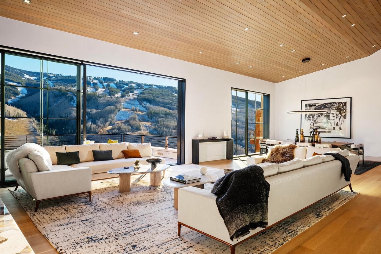 This expansive, modern living room features a bright, open-concept layout with light wood flooring and a warm wood-paneled ceiling. Large floor-to-ceiling windows frame a breathtaking panoramic view of a snow-covered mountain ski slope, flooding the space with natural light. The room is furnished with two plush, light-colored sofas arranged around nested coffee tables, creating a sophisticated and inviting atmosphere for relaxation.