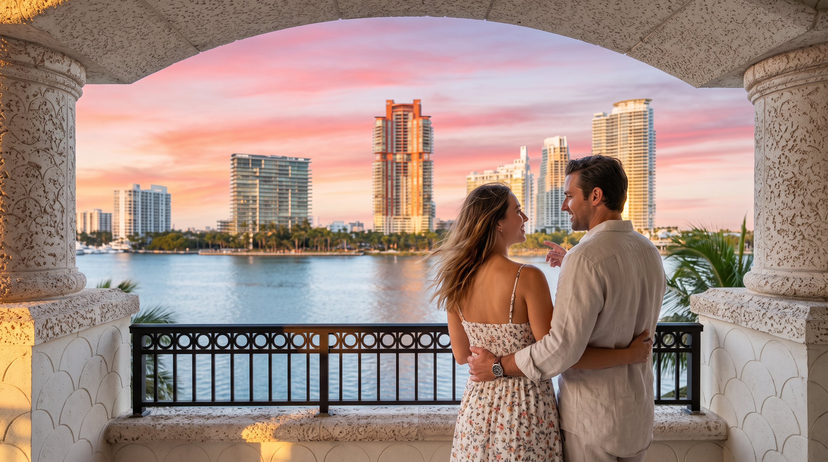 This expansive covered balcony features elegant stone columns with decorative scalloped detailing and a matching stone-clad base. The space offers a panoramic, unobstructed view of a tranquil bay and a vibrant city skyline under a soft, sunset-hued sky. A dark metal railing provides a secure perimeter, framing the picturesque waterfront vista from a sophisticated, open-air vantage point.