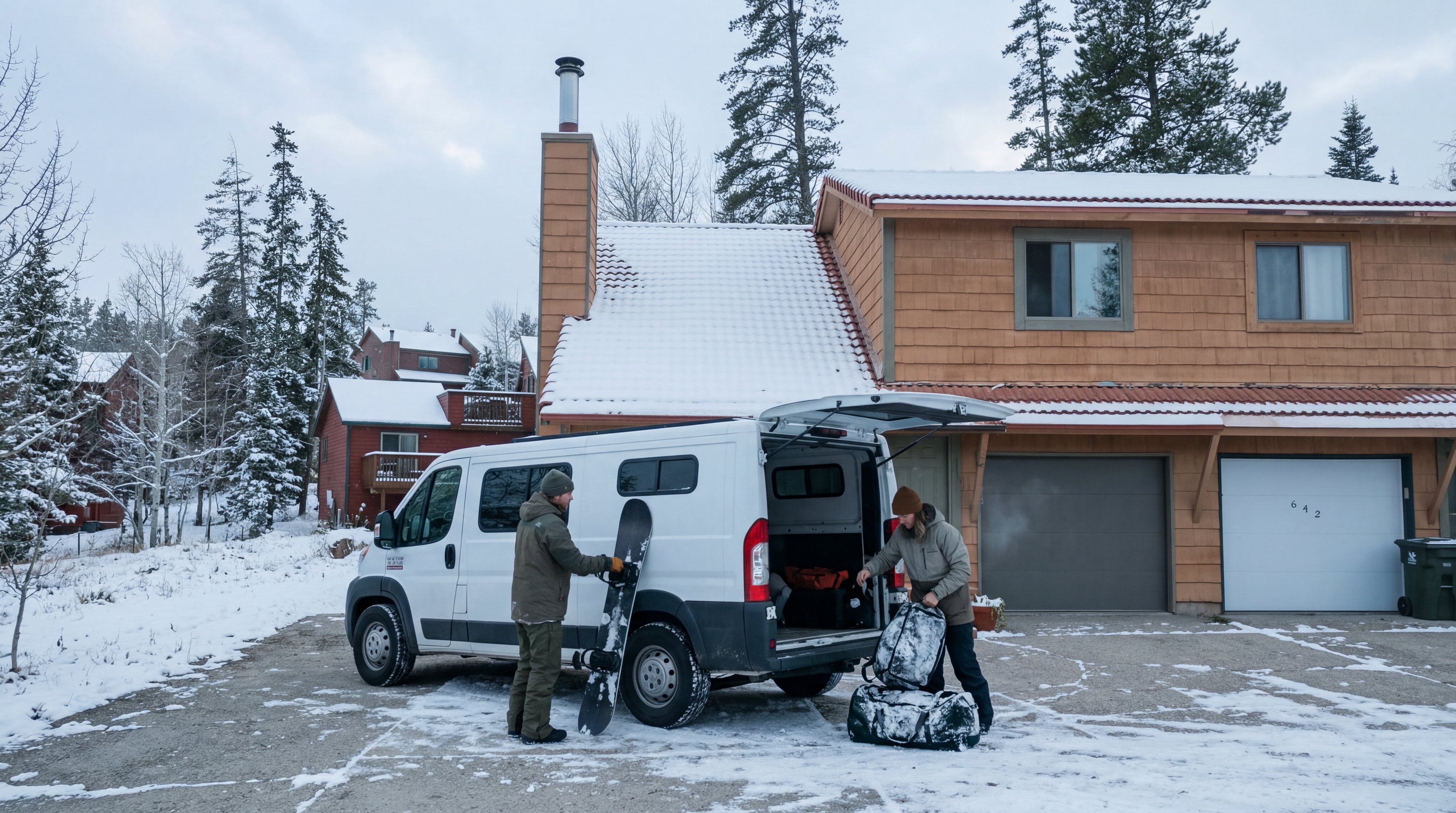 This is a two-story multi-family suburban dwelling featuring warm-toned wood siding, a snow-covered roof, and an attached two-car garage. The front driveway area is currently occupied by individuals unloading recreational gear from a white utility van, set against a backdrop of pine-filled, snow-dusted grounds. The home presents a quintessential mountain-resort architectural style ideal for winter recreation.