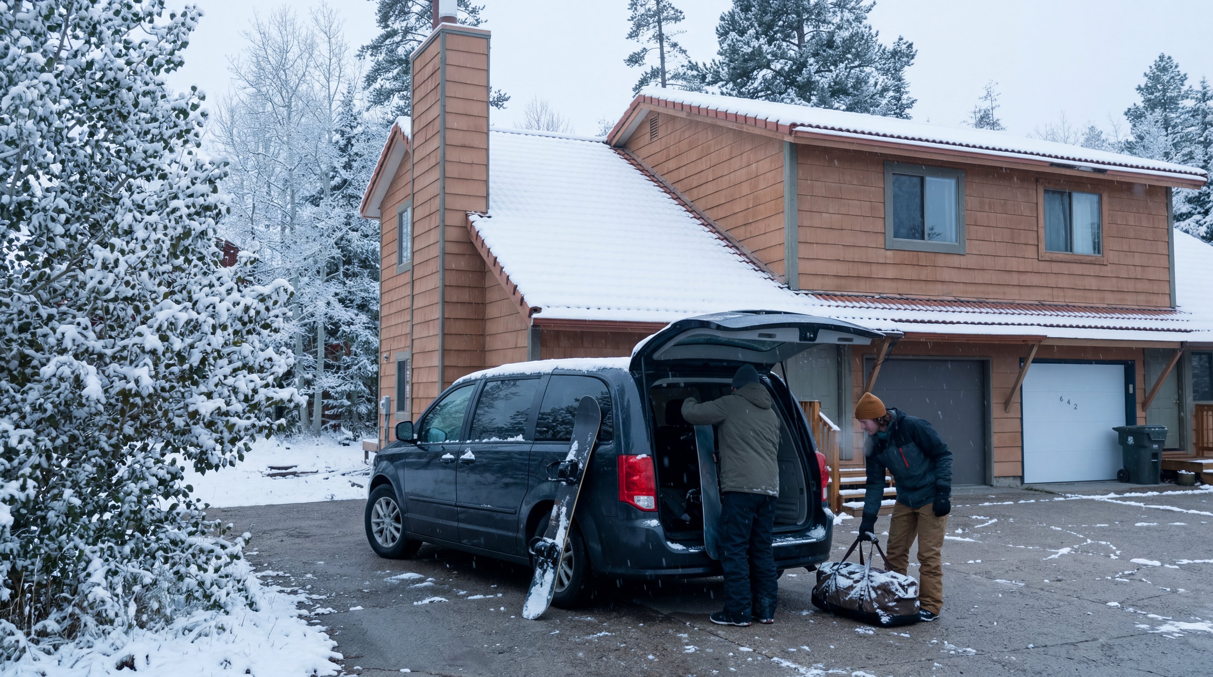 This image shows a two-story residential house during a snowstorm, characterized by its classic wood-shingled exterior and a prominent chimney. The home features two garage bays, one of which displays the house number '642,' and is framed by snow-dusted trees. The foreground captures two people loading equipment into a minivan, highlighting the property's snowy, seasonal appeal and family-oriented driveway space.