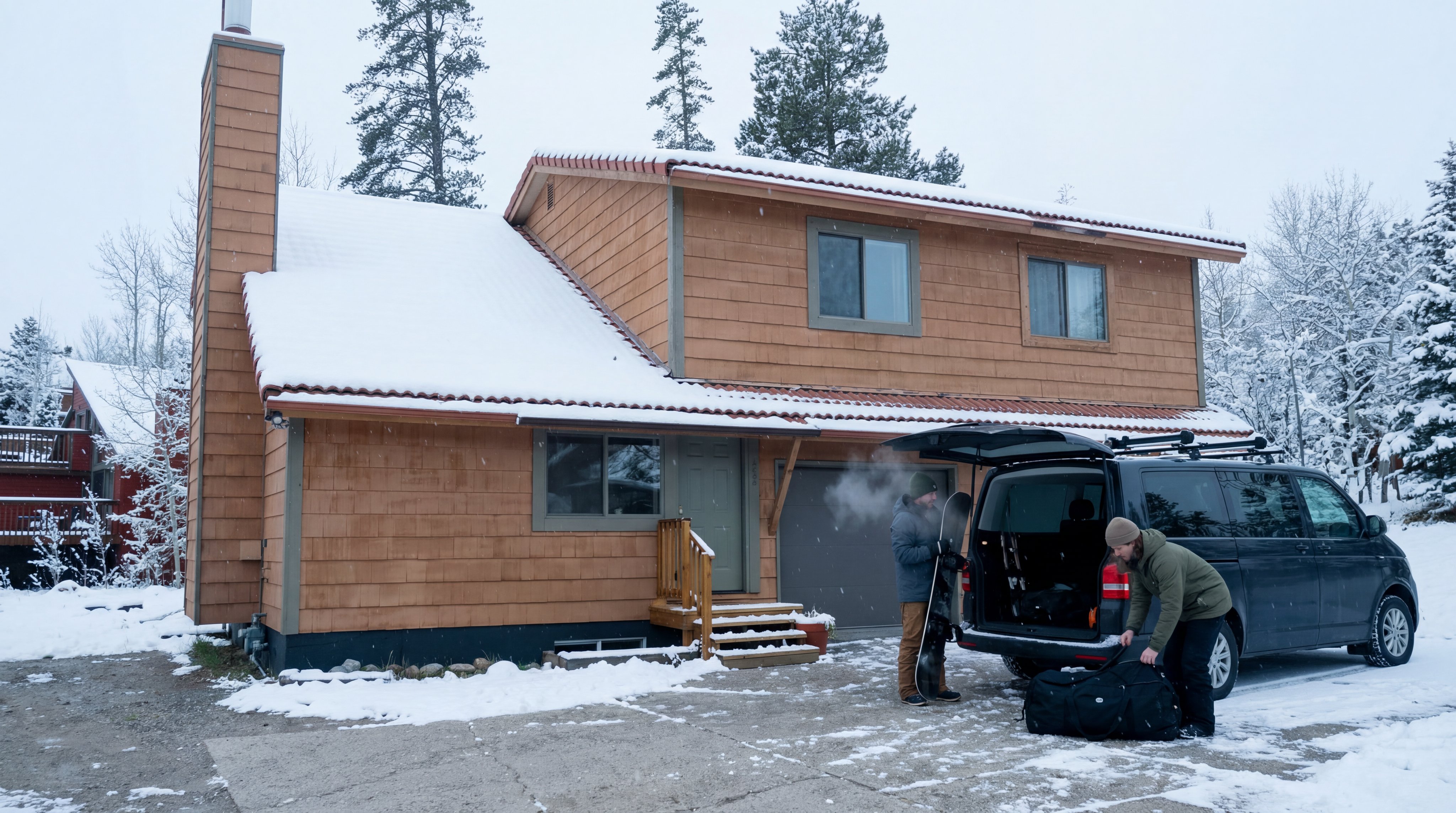 This is a front view of a two-story wooden home with cedar shake siding, situated in a snowy, wooded setting. The property features a front-facing garage, a multi-level roofline with snow cover, and a small wooden porch leading to the front door. The scene captures a cozy, rustic aesthetic suitable for a mountain or wintry vacation residence.
