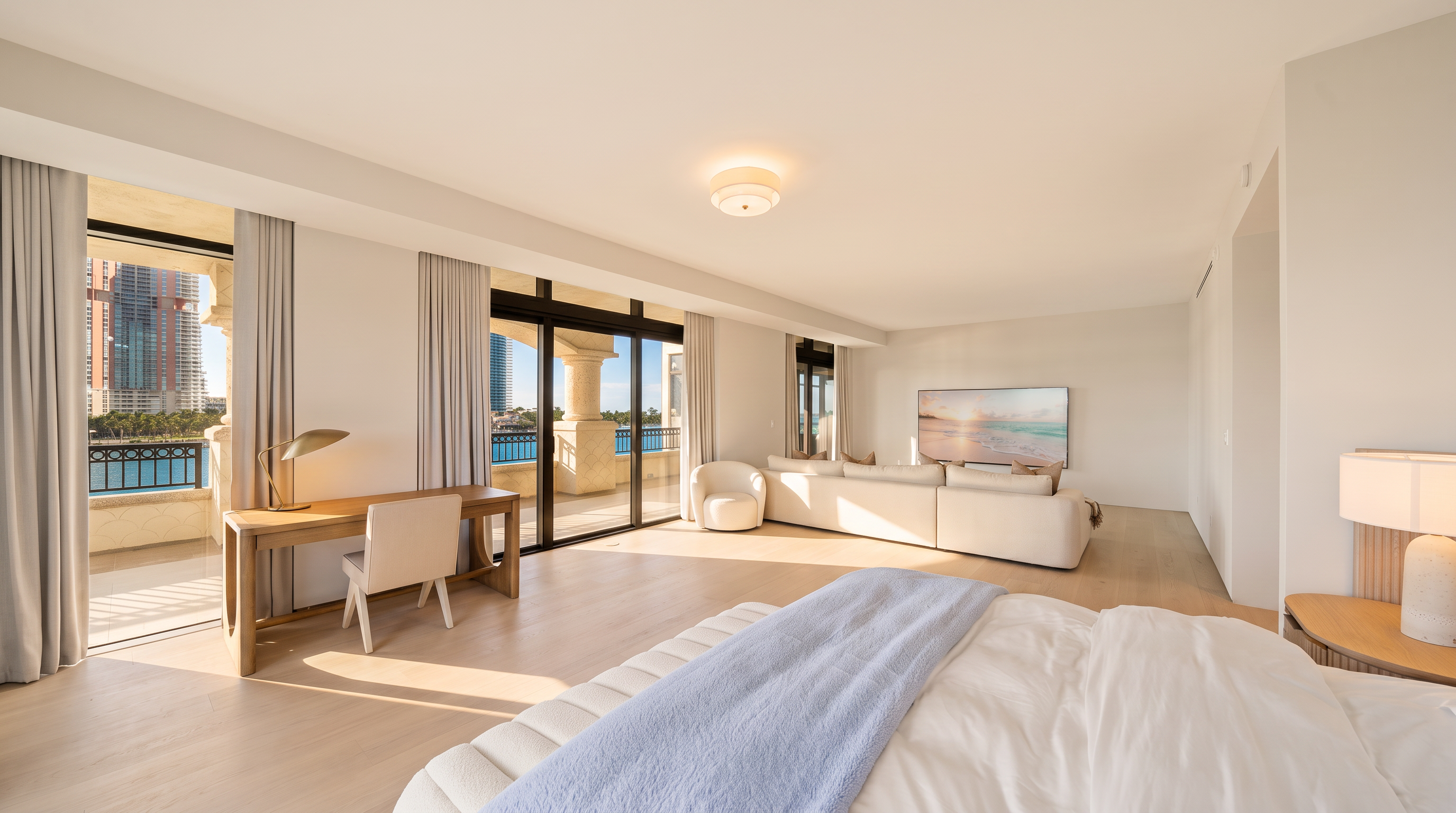 This spacious primary bedroom features a minimalist, contemporary design with light wood-toned flooring and a neutral color palette. The room includes a large bed in the foreground, a dedicated workspace with a desk and chair, and a comfortable seating area with a sectional sofa facing a wall-mounted television. Large glass sliding doors provide access to a private balcony, offering expansive views of the surrounding high-rise buildings and water.