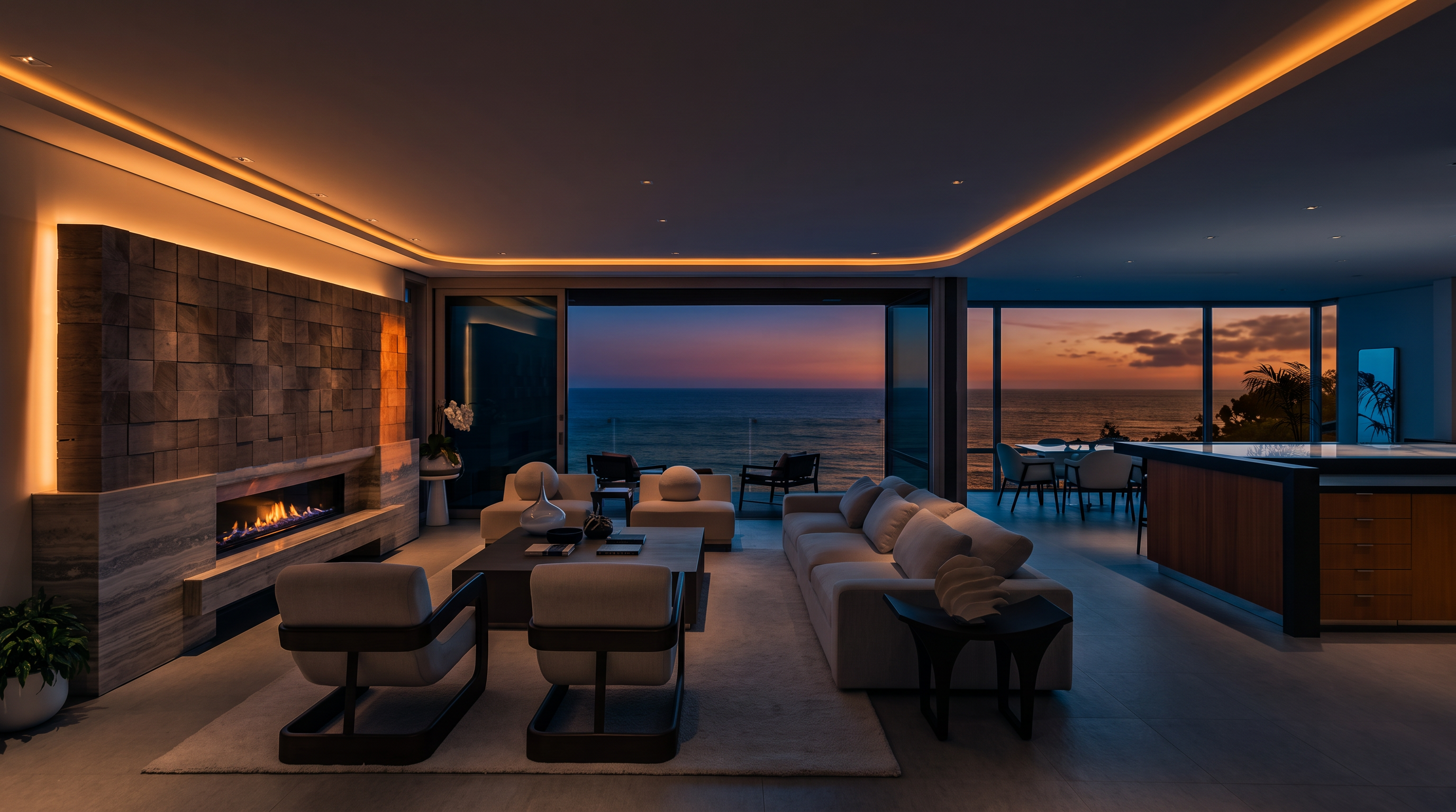 This expansive, open-concept living room features a contemporary design with a neutral color palette and a prominent stone-clad chimney breast. The space is anchored by a large sectional sofa and modern armchairs, all oriented toward a wall of floor-to-ceiling glass that frames a panoramic ocean view. A kitchen island with wood cabinetry is visible to the right, creating a seamless transition between the living and dining areas.