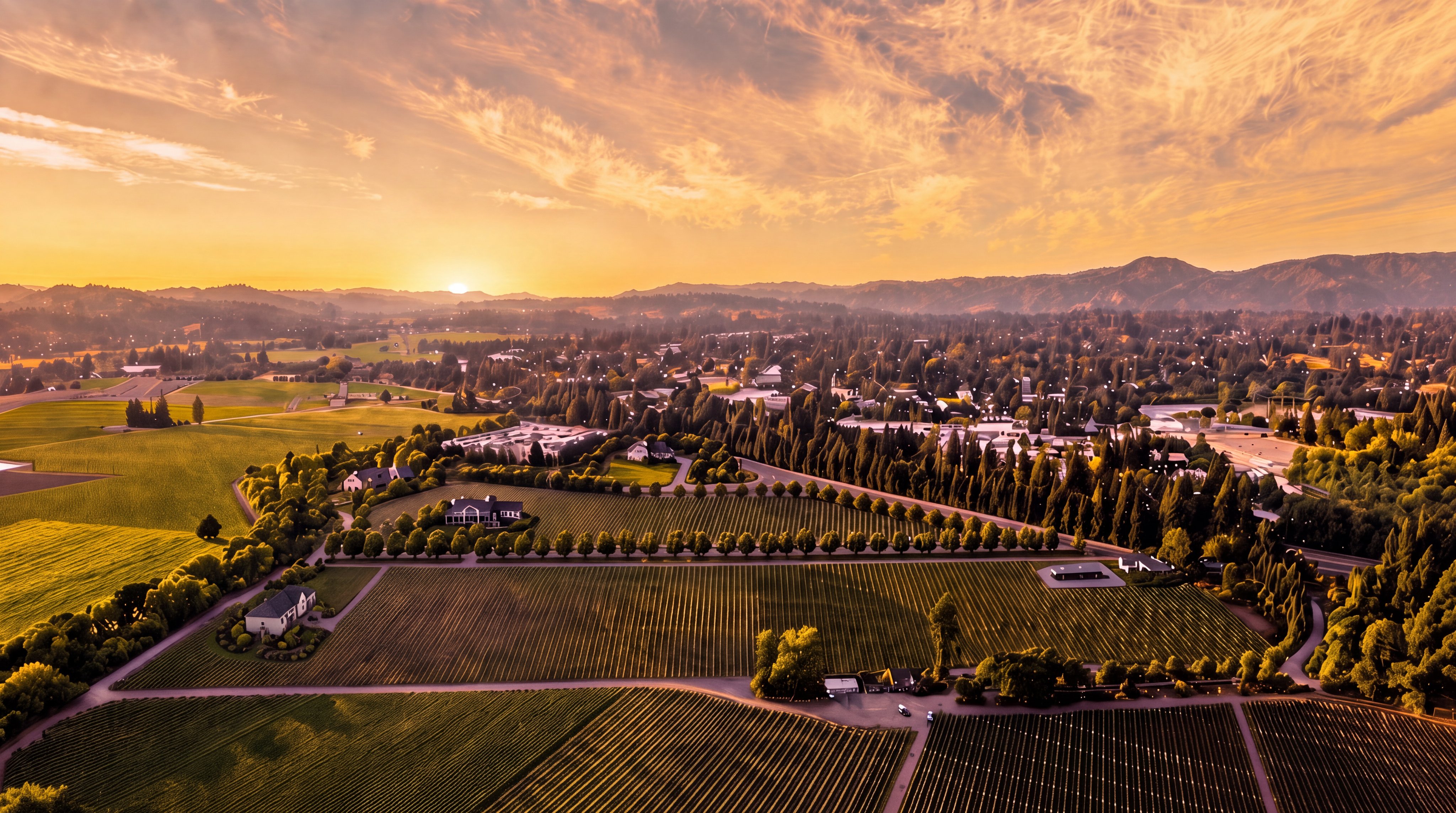 This stunning aerial view captures a sprawling estate nestled within a picturesque vineyard landscape at golden hour. The property features well-manicured rows of vines, elegant residential structures, and tall, orderly cypress trees that create a sense of grandeur and sophistication. With mountains silhouetted against a dramatic sunset sky, this location offers an idyllic, high-end pastoral setting.