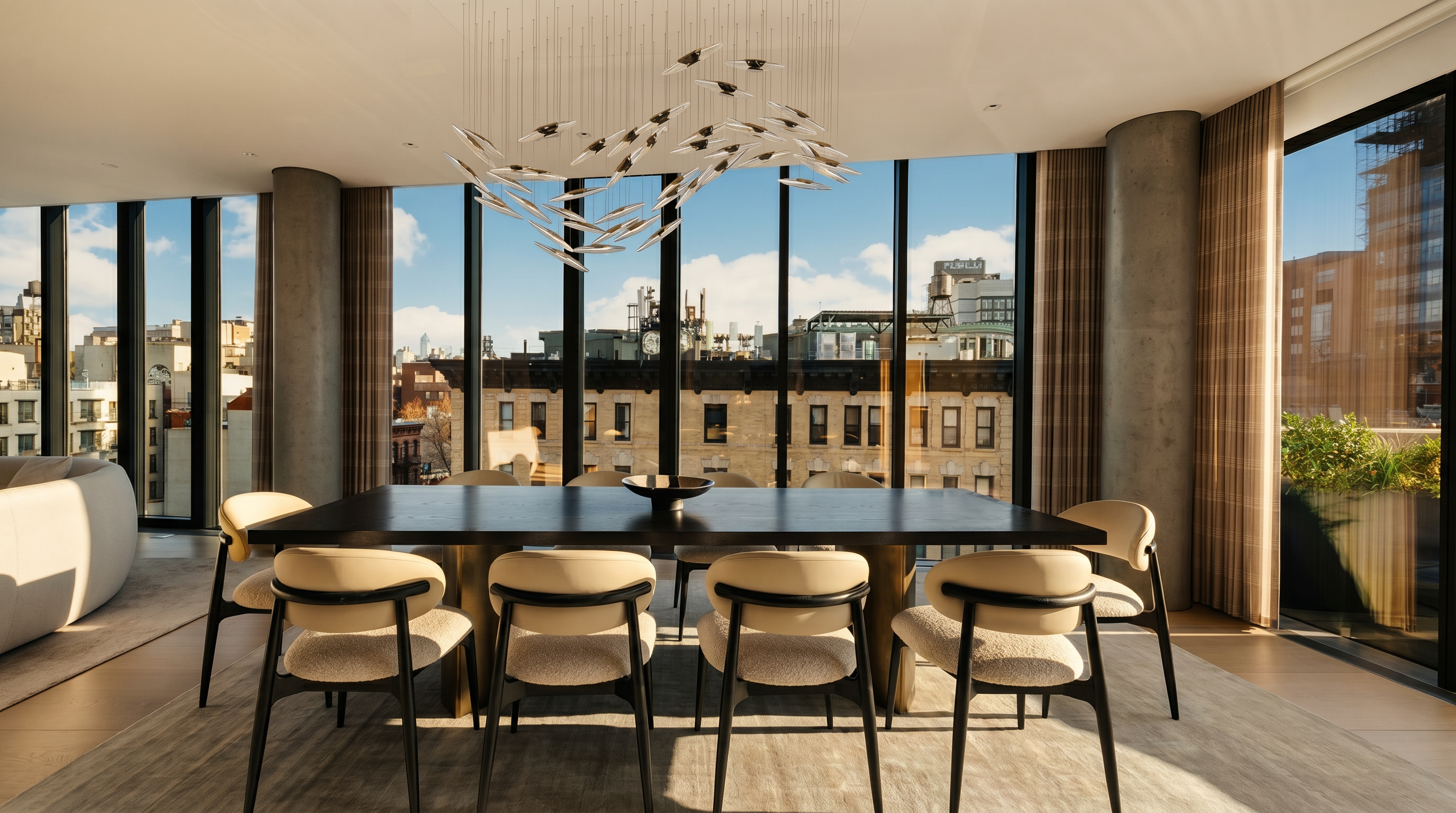 This sophisticated dining room features a large, dark-toned rectangular table surrounded by six modern chairs with light-colored upholstery and dark frames. A striking, sculptural chandelier hangs above the table, serving as a focal point against the backdrop of expansive floor-to-ceiling windows that offer an urban cityscape view. The room is anchored by a neutral-toned area rug and framed by structural concrete columns, creating a refined and contemporary atmosphere.
