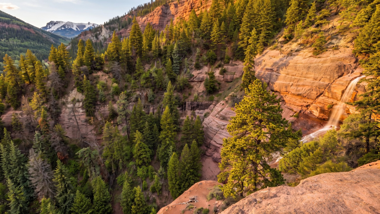 This scenic landscape view captures a rugged canyon featuring layered red rock formations and a cascading waterfall flowing down the cliffside. The foreground is dominated by a rocky ledge, while the mid-ground is filled with a dense forest of evergreen trees leading down into the valley. In the distance, snow-capped mountain peaks rise against a clear blue sky, providing a dramatic and serene natural backdrop.