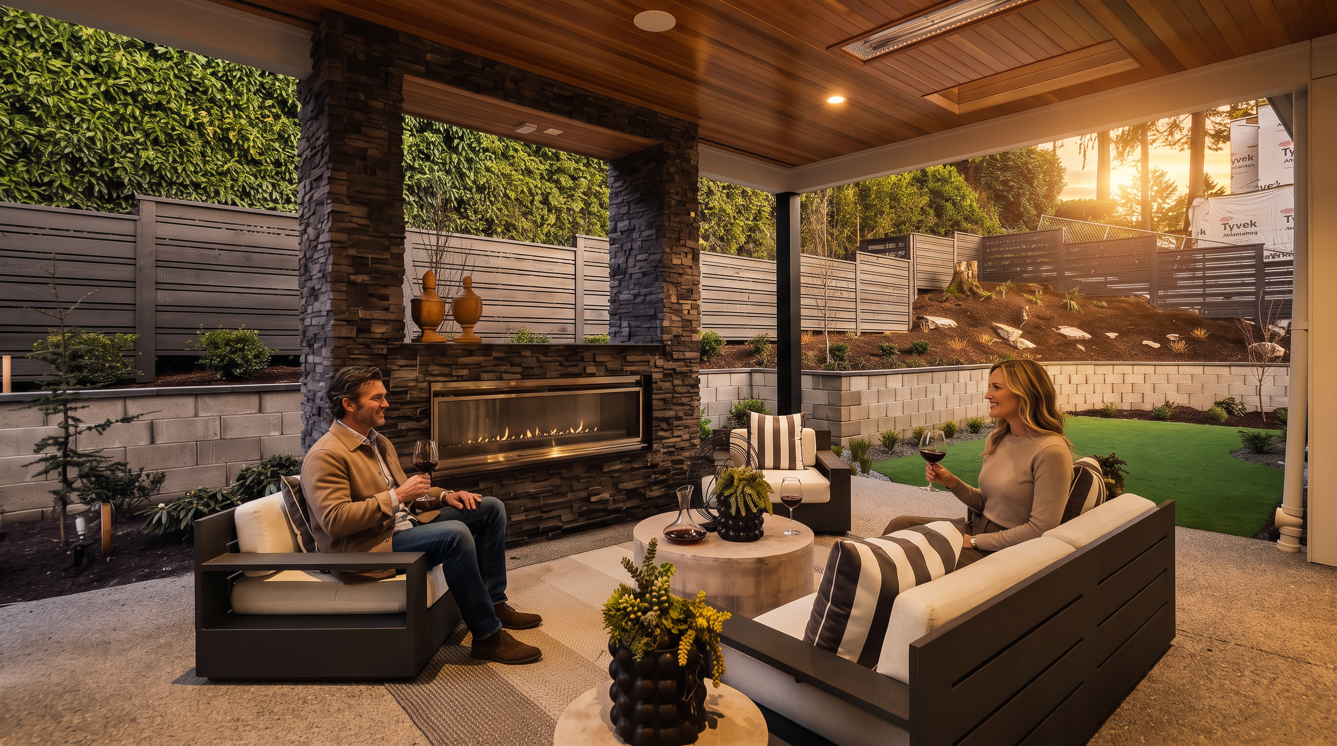 This covered outdoor living space features a modern stone-clad chimney breast with a linear fireplace and a warm wood-paneled ceiling. The patio is furnished with contemporary seating, including a sofa and armchairs with striped cushions, arranged around a circular concrete coffee table. The space opens directly onto a landscaped backyard with a retaining wall and artificial turf, creating a seamless transition between indoor comfort and outdoor recreation.