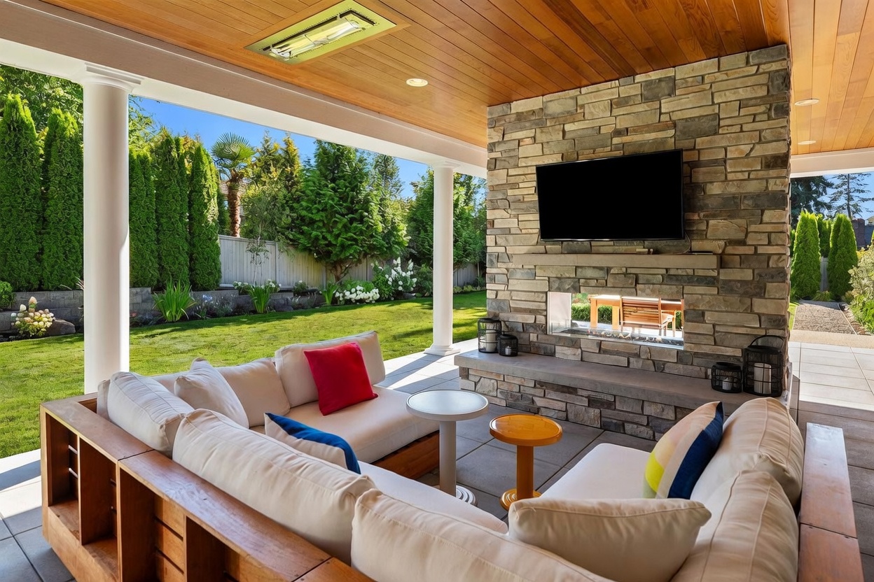 This covered outdoor living space features a comfortable sectional sofa arranged around a stone-clad chimney breast with a built-in linear fireplace and a mounted television. The area is sheltered by a wood-paneled ceiling with an integrated heater, providing a seamless transition to the lush, manicured backyard visible beyond the white support columns. The space is designed for relaxation and entertainment, blending natural stone textures with modern outdoor furniture.