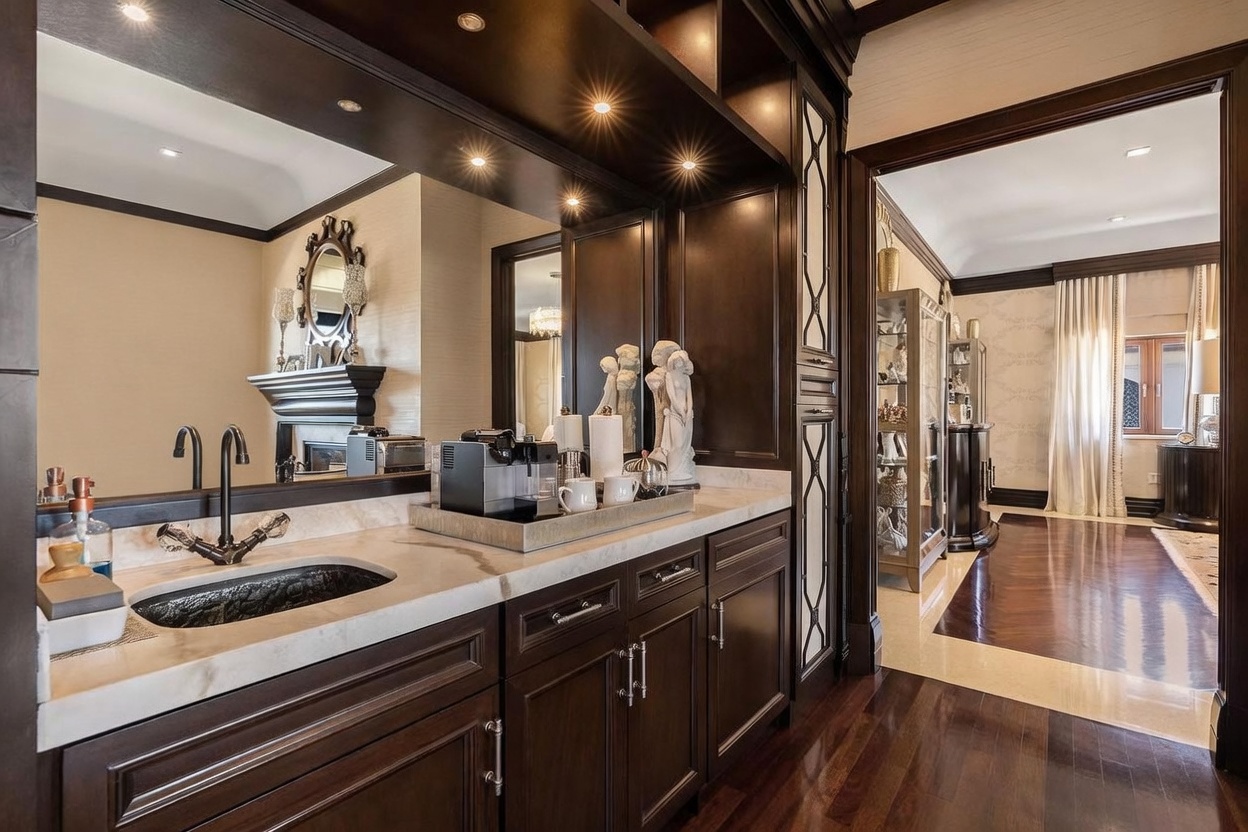 This elegant wet bar or butler's pantry features dark wood cabinetry, a light stone countertop, and a sleek undermount sink. The space is accented by recessed lighting, a mirrored backsplash, and decorative sculptures, creating a sophisticated atmosphere that transitions into an adjacent living area. The perspective is a medium shot from the bar area looking toward the hallway, highlighting the high-end finishes and refined interior design.