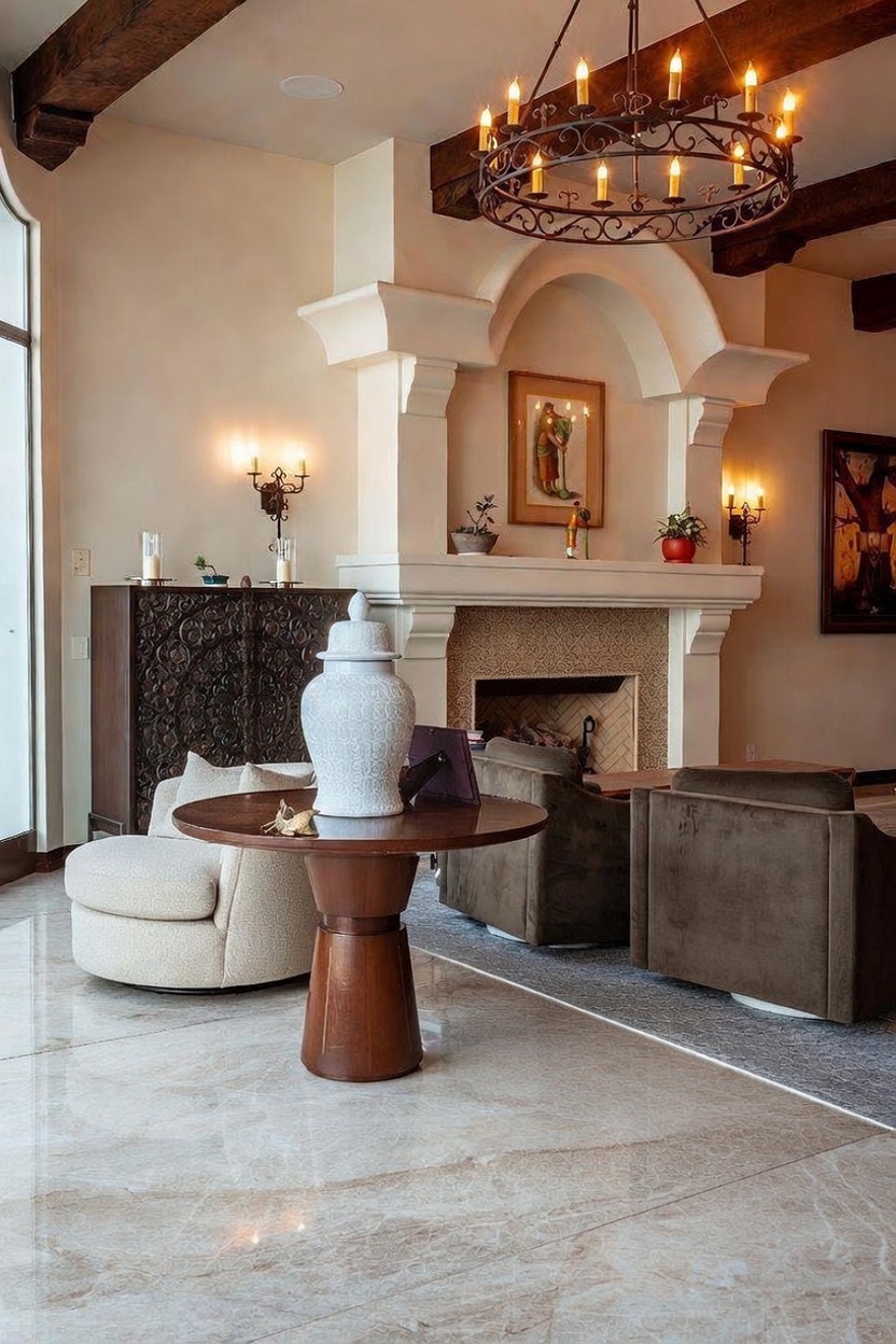 This elegant living room features a prominent fireplace with a decorative arched surround and a detailed tile hearth. The space is furnished with two cream-colored swivel chairs centered around a round wooden pedestal table, complemented by a dark, intricately carved wooden cabinet. Overhead, a large wrought-iron chandelier hangs from exposed wooden ceiling beams, creating a sophisticated and warm atmosphere.