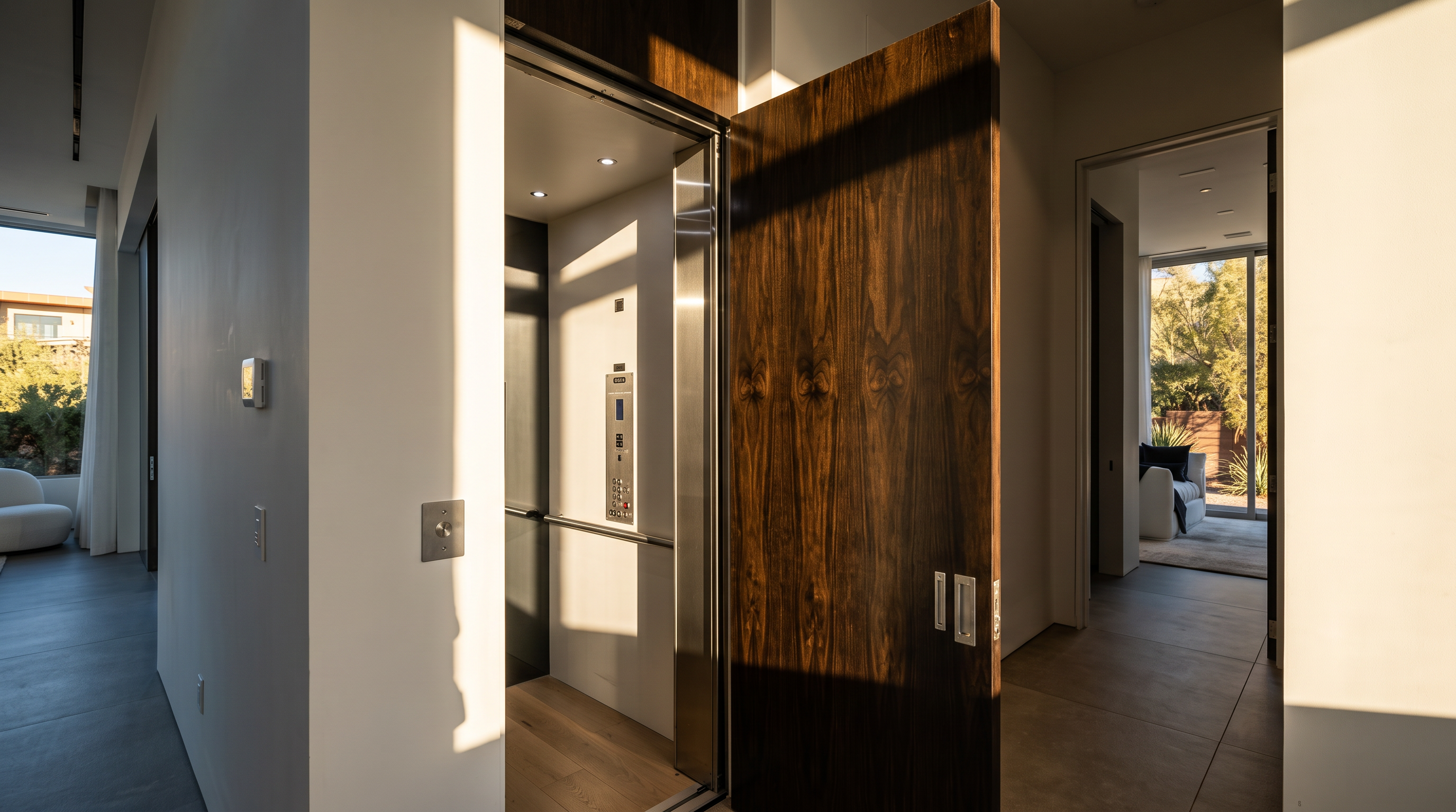 This interior view highlights a modern residential elevator integrated into a hallway, featuring a dark wood-paneled door that contrasts with the surrounding white walls. The elevator interior is illuminated with recessed lighting and includes a sleek control panel, while the adjacent hallway leads to an open doorway revealing a bright, sunlit room with outdoor views. The overall aesthetic is minimalist and sophisticated, emphasizing clean lines and high-end finishes.