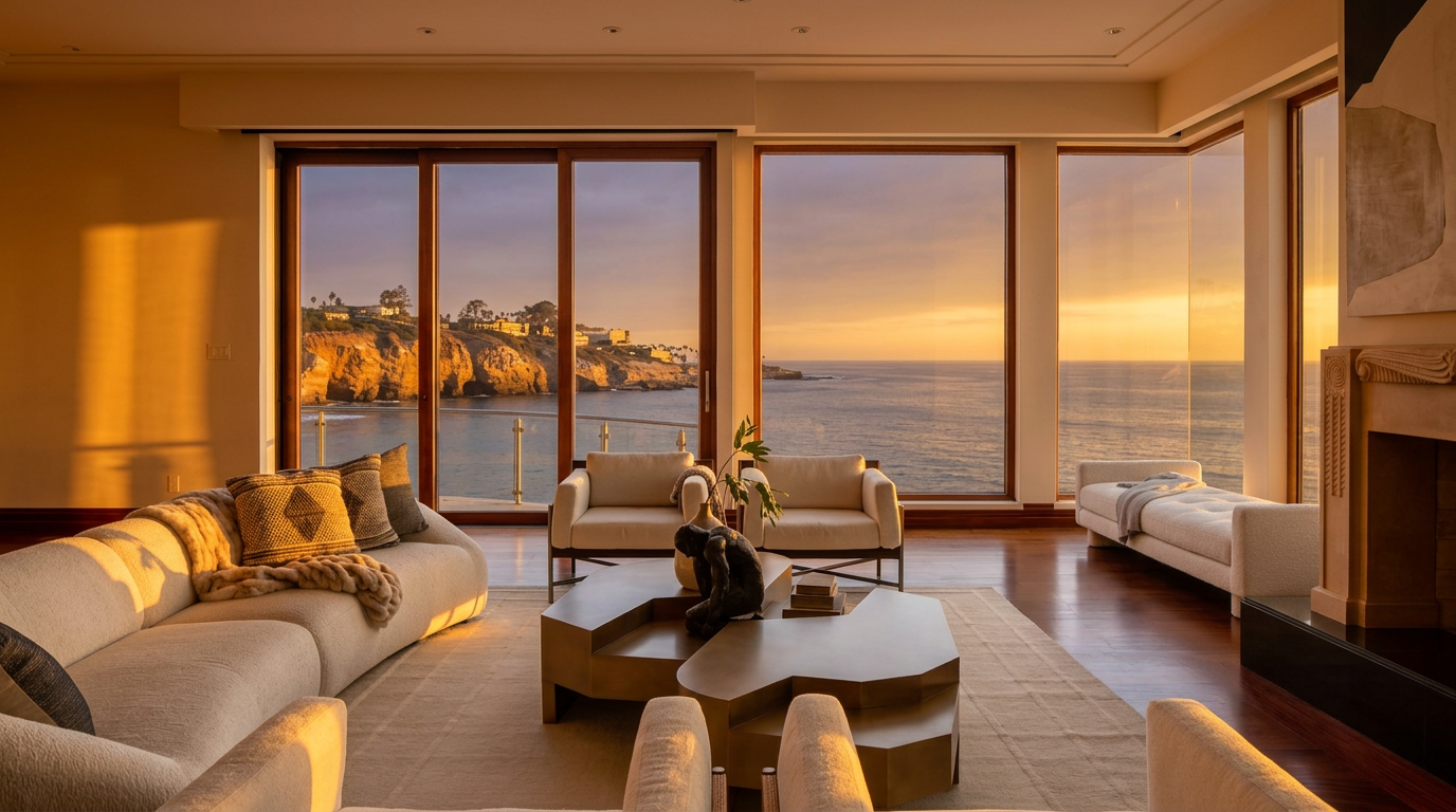 This elegant and spacious living room features a modern, neutral-toned interior design anchored by an abstract metallic coffee table and plush seating. Expansive floor-to-ceiling windows provide a breathtaking, unobstructed view of the coastal cliffs and ocean sunset, seamlessly blending indoor luxury with the serene natural landscape. The warm ambient lighting, high-end finishes, and open layout create an inviting and sophisticated atmosphere perfect for high-end coastal living.