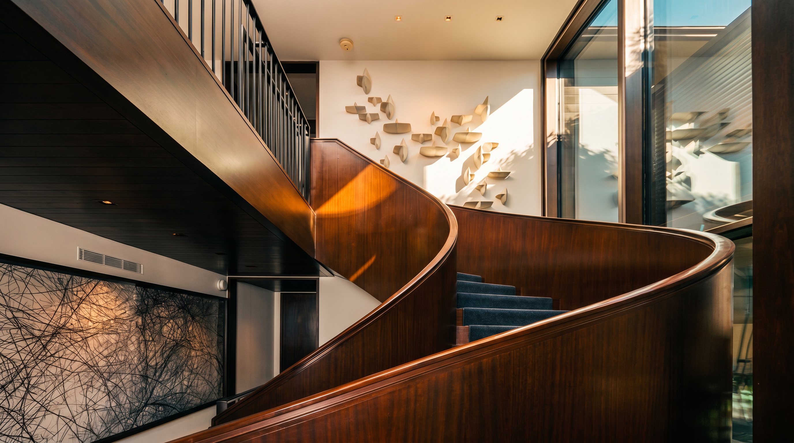This striking interior view features a dramatic, curved wooden staircase that serves as a central architectural focal point. The wall behind the staircase is adorned with a sculptural art installation, while large windows to the right allow natural light to flood the space. The design aesthetic is sophisticated and modern, emphasizing clean lines and rich, warm wood tones.