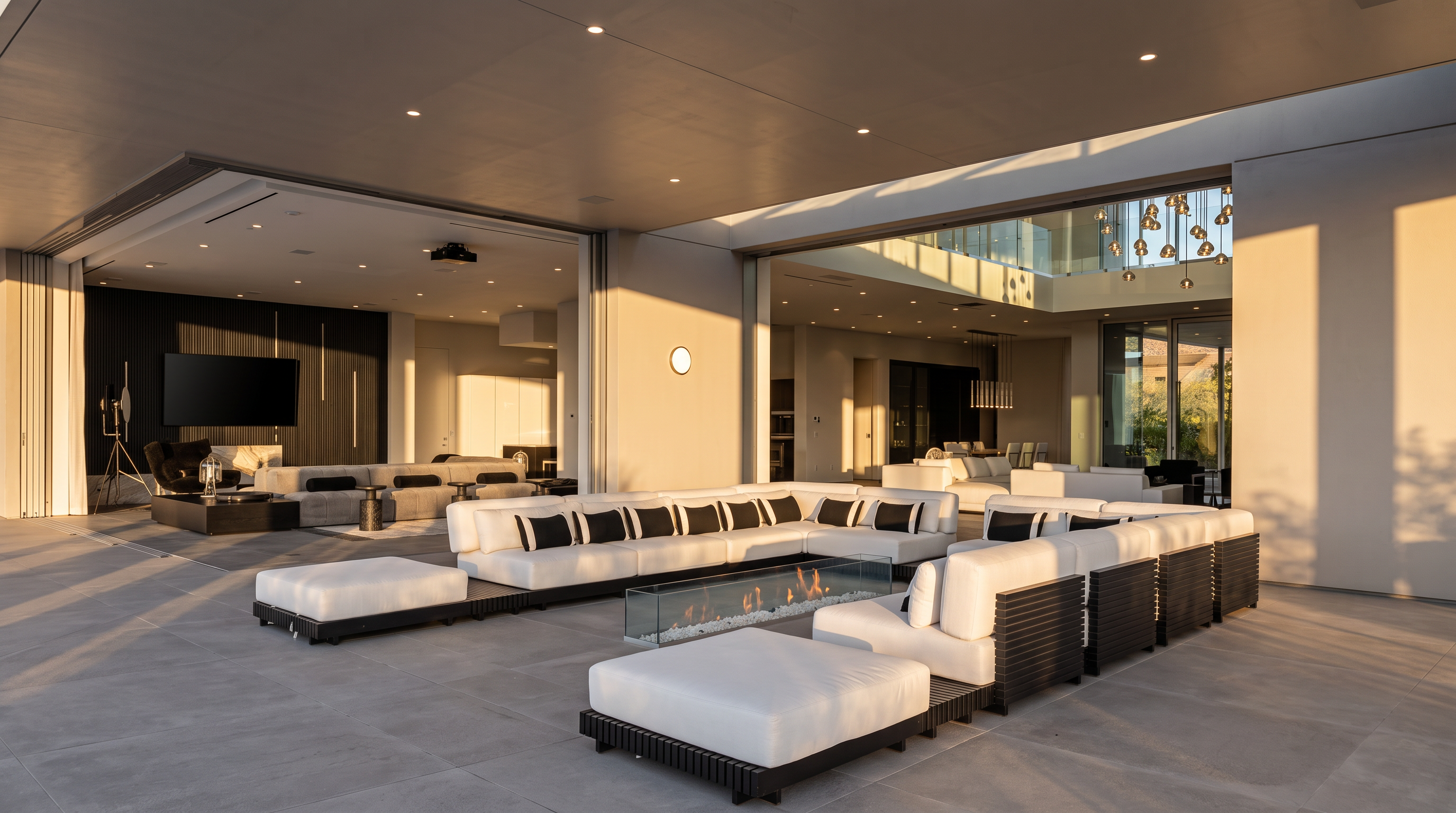 This expansive, covered outdoor living space features a large, U-shaped sectional sofa arranged around a linear glass-enclosed fire feature. The area is seamlessly connected to the interior living room through wide, open glass walls, creating a fluid transition between indoor and outdoor environments. The space is finished with large-format stone tiles and a minimalist, modern aesthetic that emphasizes open-concept luxury.