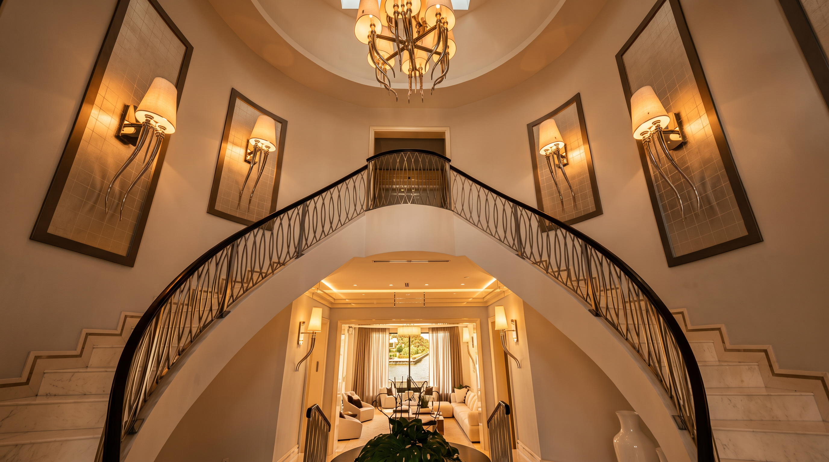 This grand foyer features a dramatic dual staircase with ornate metal railings that curve upward toward a high, vaulted ceiling. A large, intricate chandelier serves as the centerpiece, while wall-mounted sconces provide elegant lighting against the light-toned walls. The perspective looks through the archway toward a bright living area that opens onto a waterfront view, creating a sophisticated and airy atmosphere.