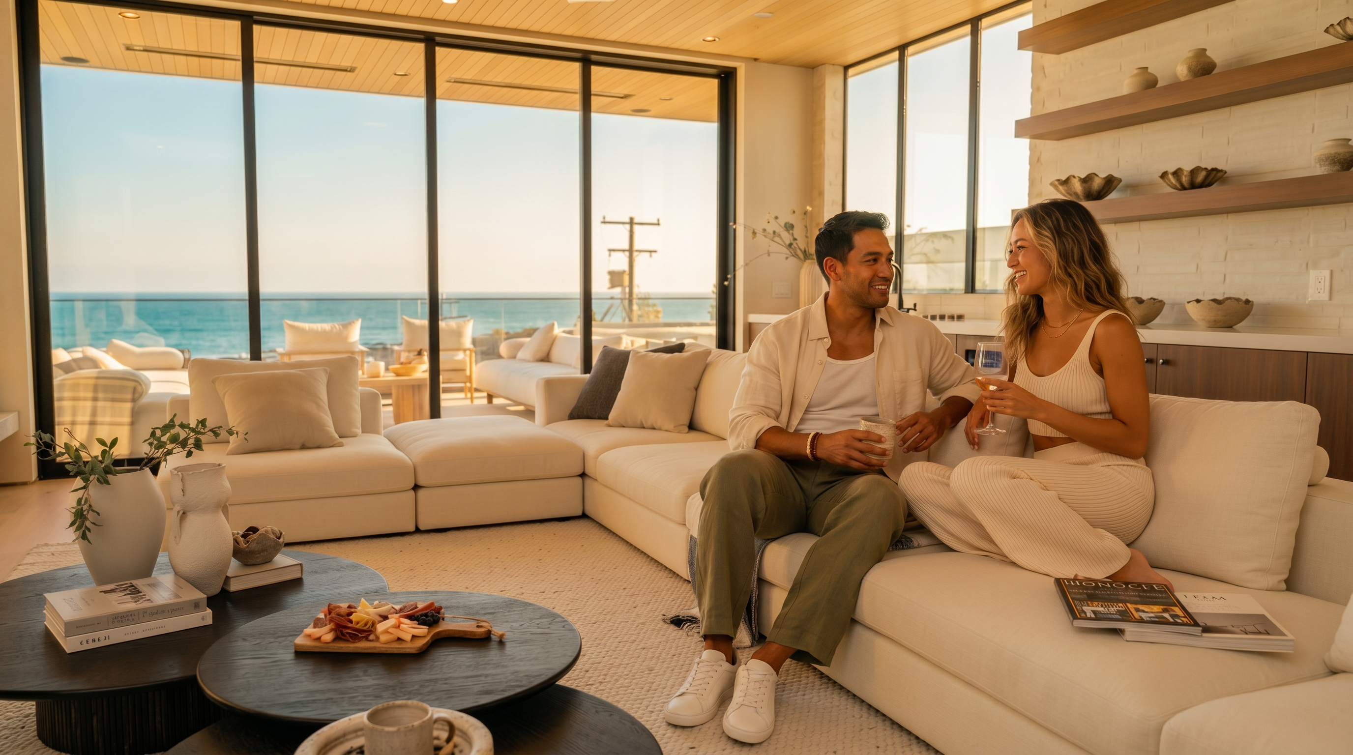 This expansive living room features a light wood-paneled ceiling and large glass sliding doors that provide an unobstructed view of the ocean. The space is furnished with a large, neutral-toned sectional sofa, two circular coffee tables, and a stone-clad chimney breast housing a fireplace. A built-in bar area with open shelving and cabinetry adds functionality, creating a sophisticated and airy coastal atmosphere.