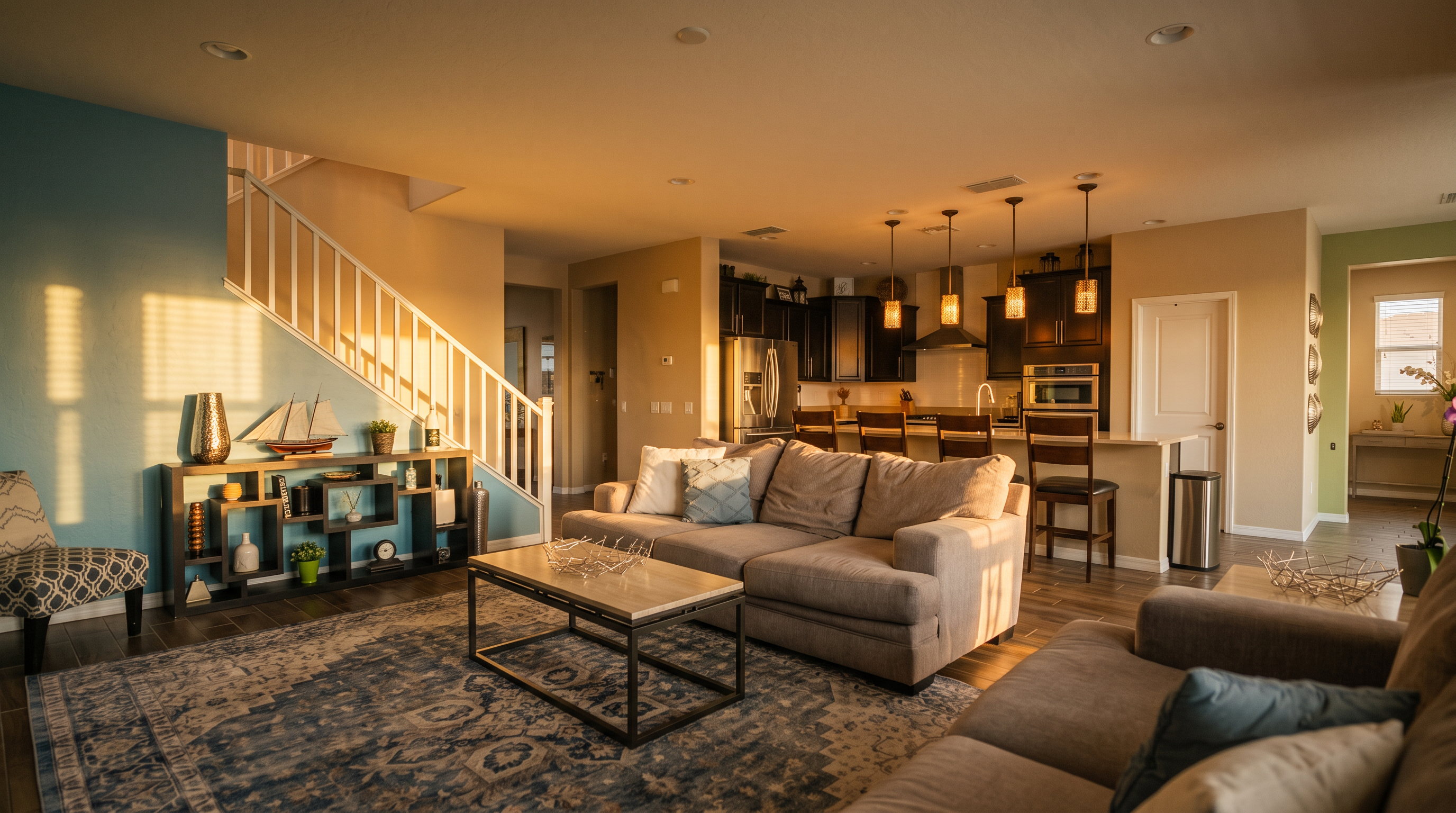 This open-concept living area features a spacious layout with a light blue accent wall, a staircase with white railings, and warm wood-toned flooring throughout. A large, plush gray sofa faces a central coffee table, while a dark shelving unit provides decorative storage against the blue wall. The space flows seamlessly into a kitchen area equipped with dark cabinetry, a breakfast bar with stools, and warm pendant lighting, creating a welcoming and functional home environment.