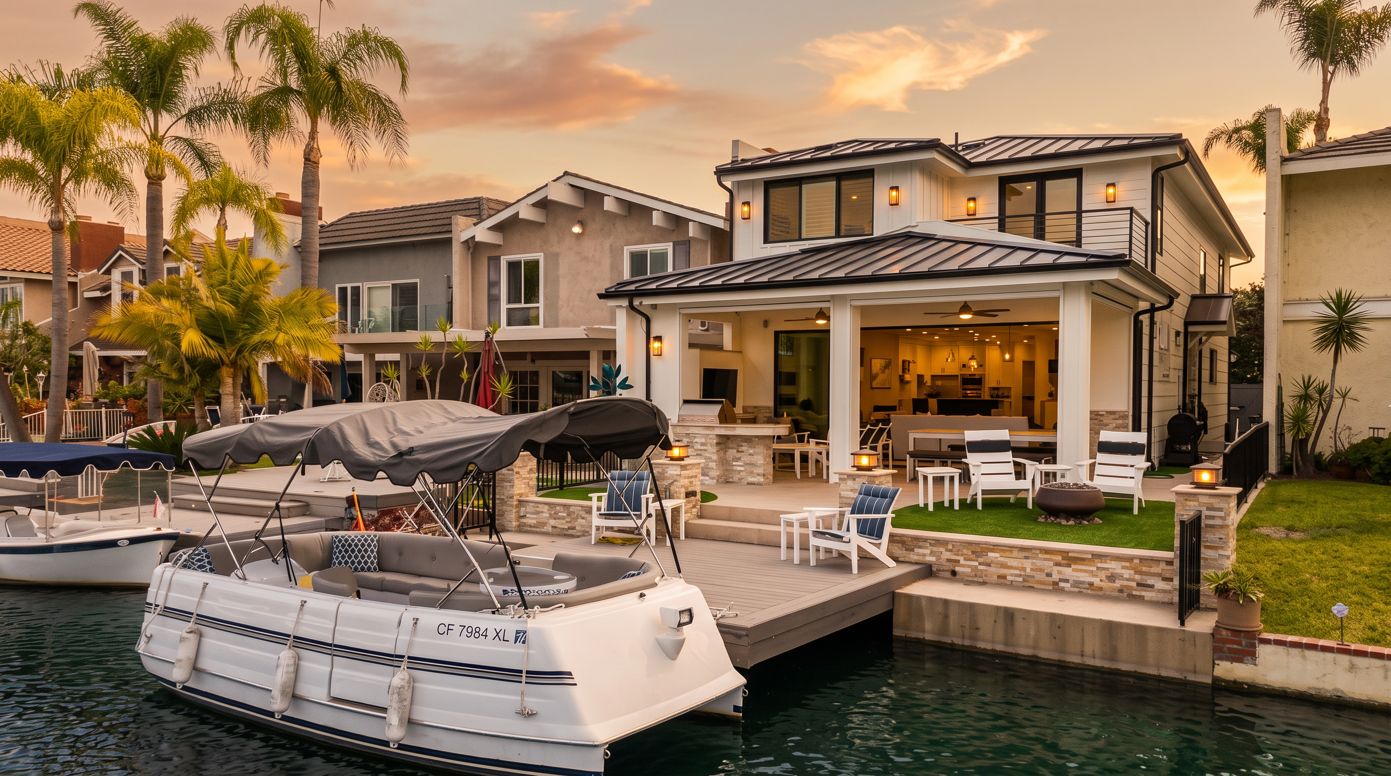 This stunning waterfront property features a modern, multi-level home with a spacious covered patio overlooking a private dock and a canal. The backyard is elegantly landscaped with synthetic turf, stylish outdoor seating, and a built-in outdoor kitchen, creating a perfect space for entertainment. The residence showcases a clean, contemporary architectural style, seamlessly blending indoor and outdoor living.