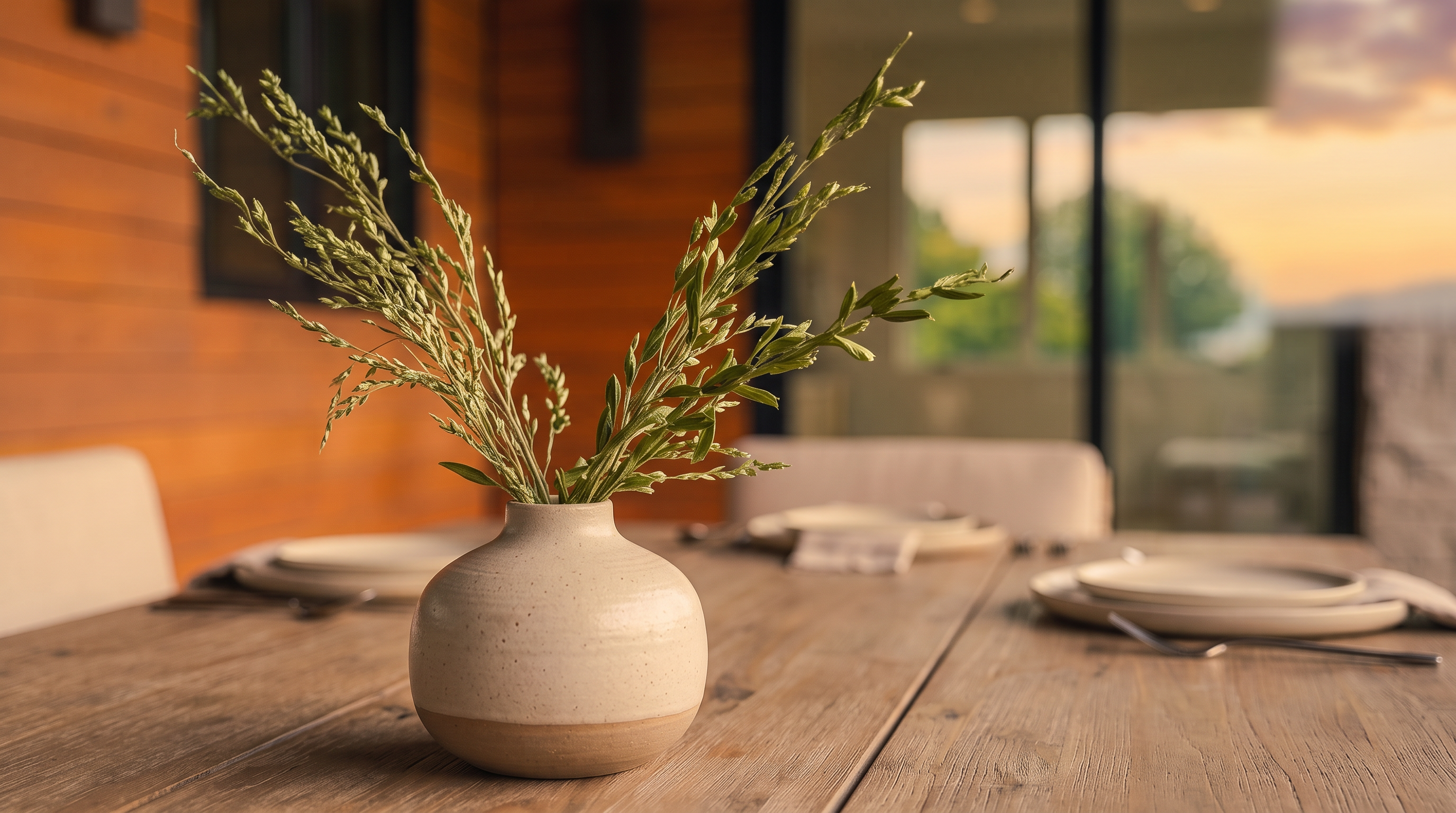 This interior dining room shot highlights a rustic wood table set for a meal, emphasizing an elegant and welcoming atmosphere. In the foreground, a charming ceramic vase with sprigs of grass serves as a tasteful centerpiece, while the soft, warm sunset light streaming through the patio doors adds a serene and luxurious feel. The space perfectly blends indoor comfort with an inviting outdoor view, ideal for a refined dining experience.