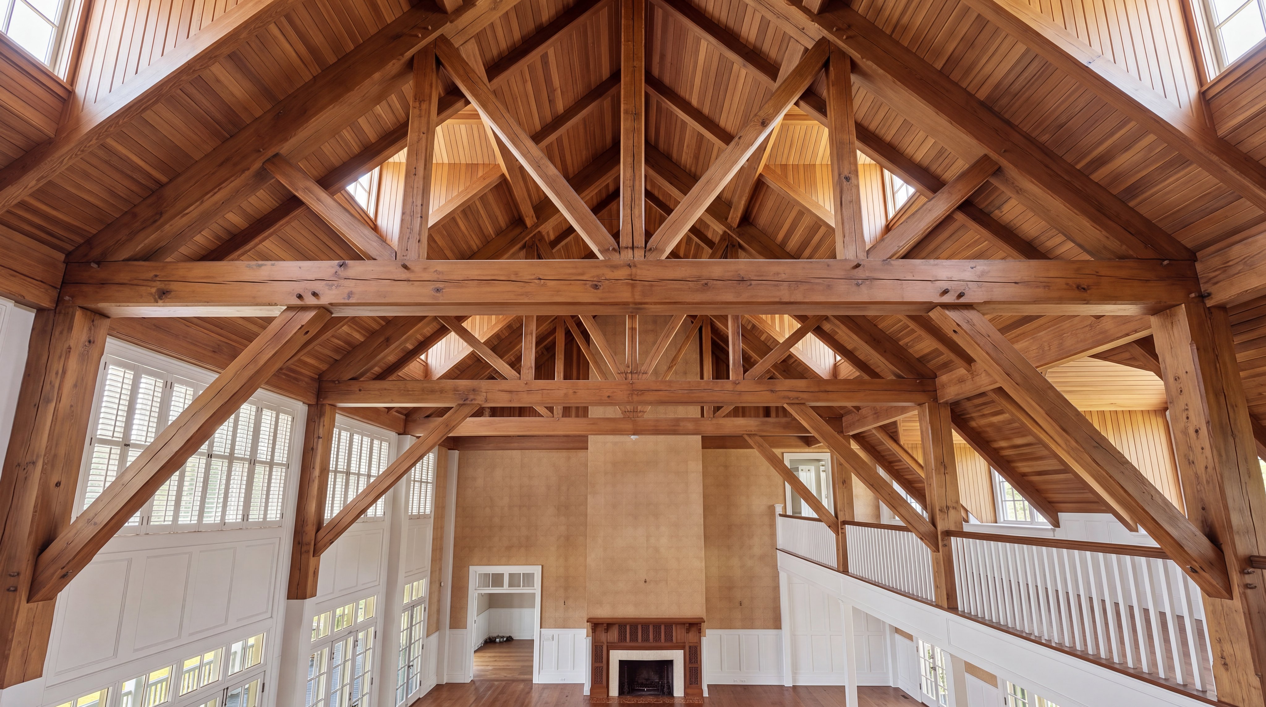 This grand living room highlights an impressive cathedral ceiling with exposed timber trusses and natural wood paneling. The space features a prominent fireplace as a focal point, complemented by tall windows that invite an abundance of natural light and a mezzanine balcony overlooking the open area. Its blend of vaulted architectural elements and classic wainscoting creates an airy, refined atmosphere perfect for a large gathering space.