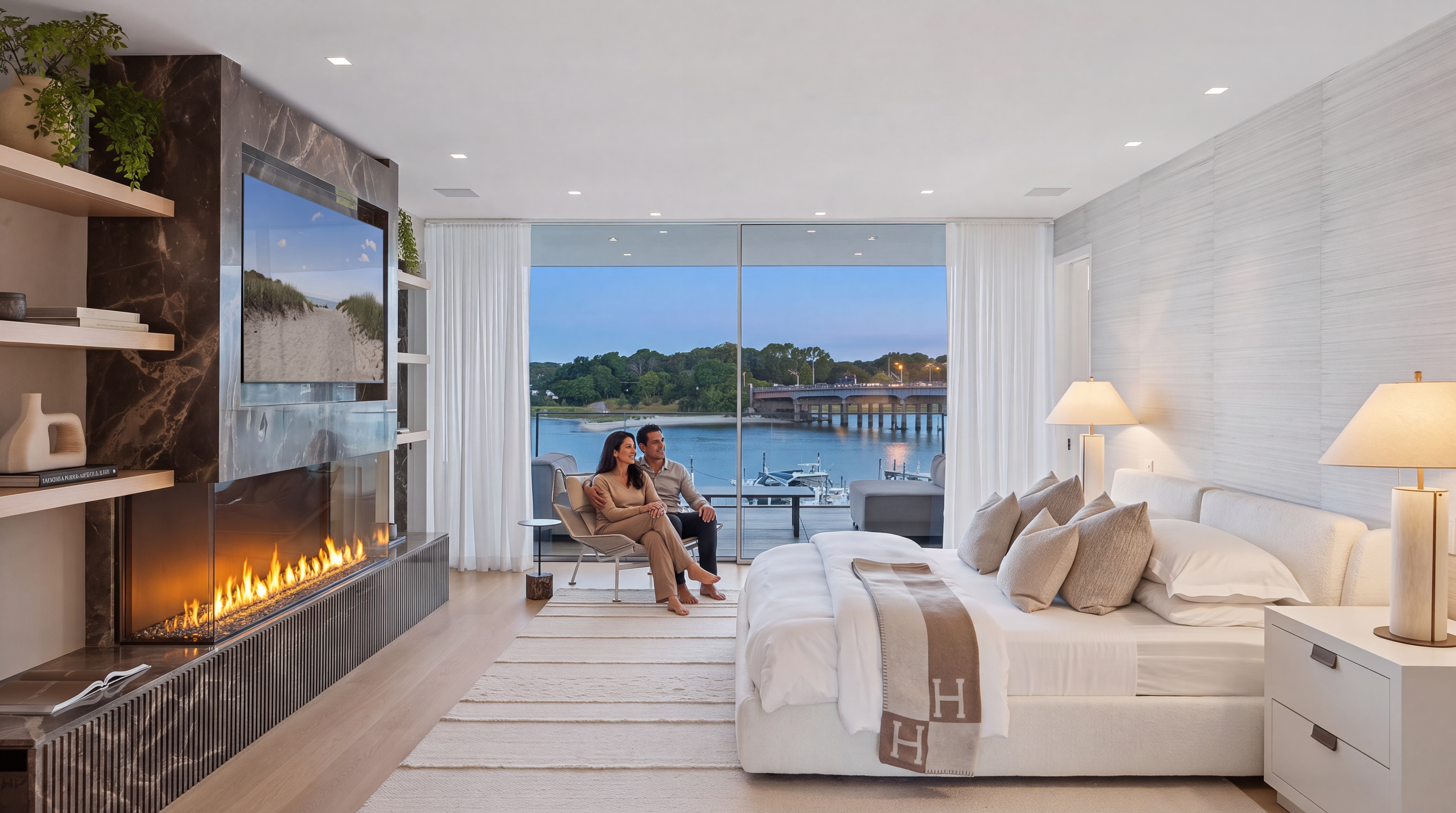 This luxurious primary bedroom features a modern, open-concept design with a striking floor-to-ceiling marble fireplace and integrated television. Floor-to-ceiling glass doors open onto a private deck with waterfront views, creating a seamless connection to the outdoors. The room is elegantly appointed with soft neutral tones, high-end textures, and designer furnishings, offering a sophisticated and tranquil retreat.