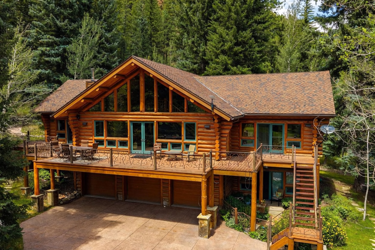This elevated perspective captures a rustic log cabin home nestled against a dense forest backdrop. The structure features a prominent, expansive wooden deck with decorative metal railings, providing ample space for outdoor dining and relaxation above a multi-bay garage. Large, multi-pane windows and glass doors integrate the interior living space with the natural surroundings, creating a serene and inviting mountain retreat atmosphere.
