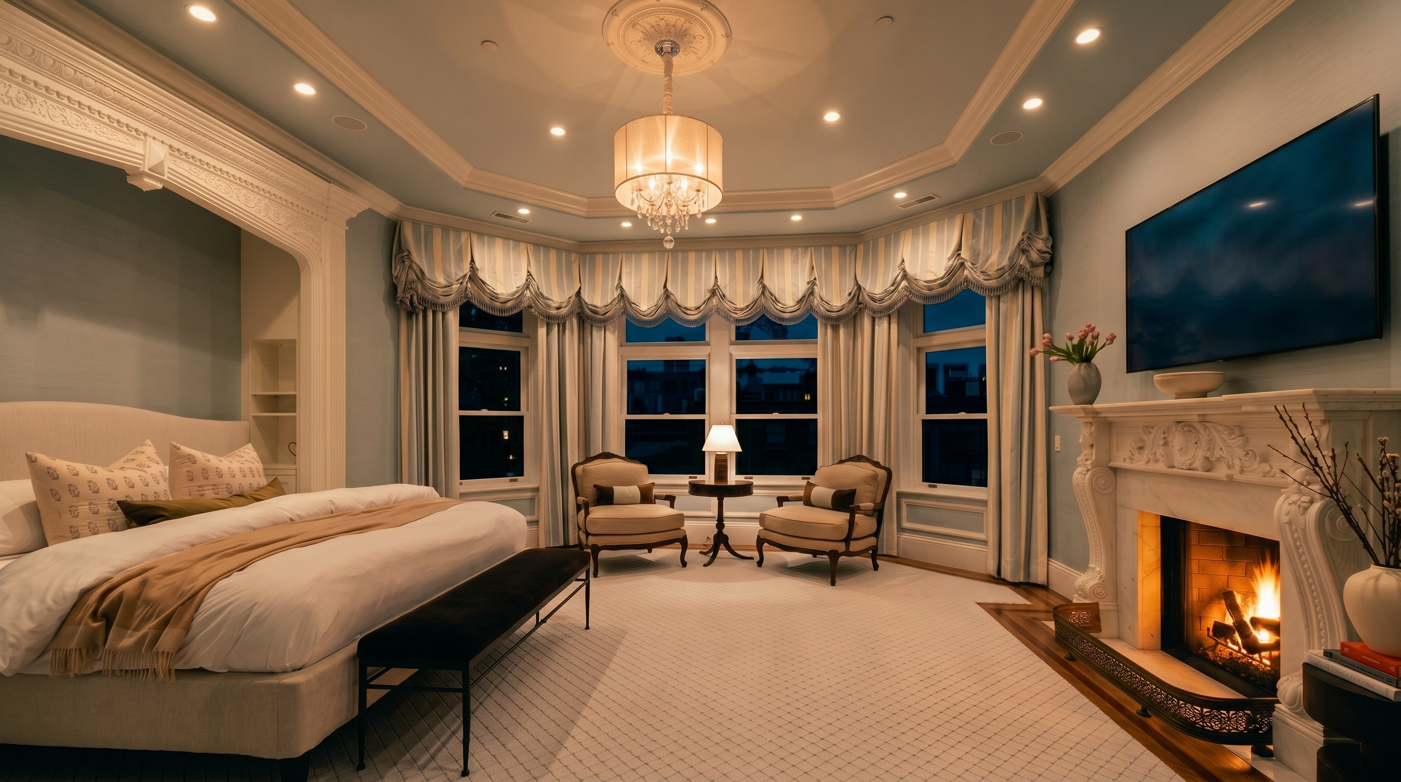 This elegant primary bedroom features a large bed with a neutral upholstered headboard, positioned beneath a decorative archway. The room is anchored by a fireplace with an ornate, carved mantel and a television mounted above, while a bay window area with striped valances provides a cozy seating nook with two armchairs. The space is finished with a light-colored patterned carpet, a crystal chandelier, and soft blue wall tones, creating a sophisticated and tranquil atmosphere.