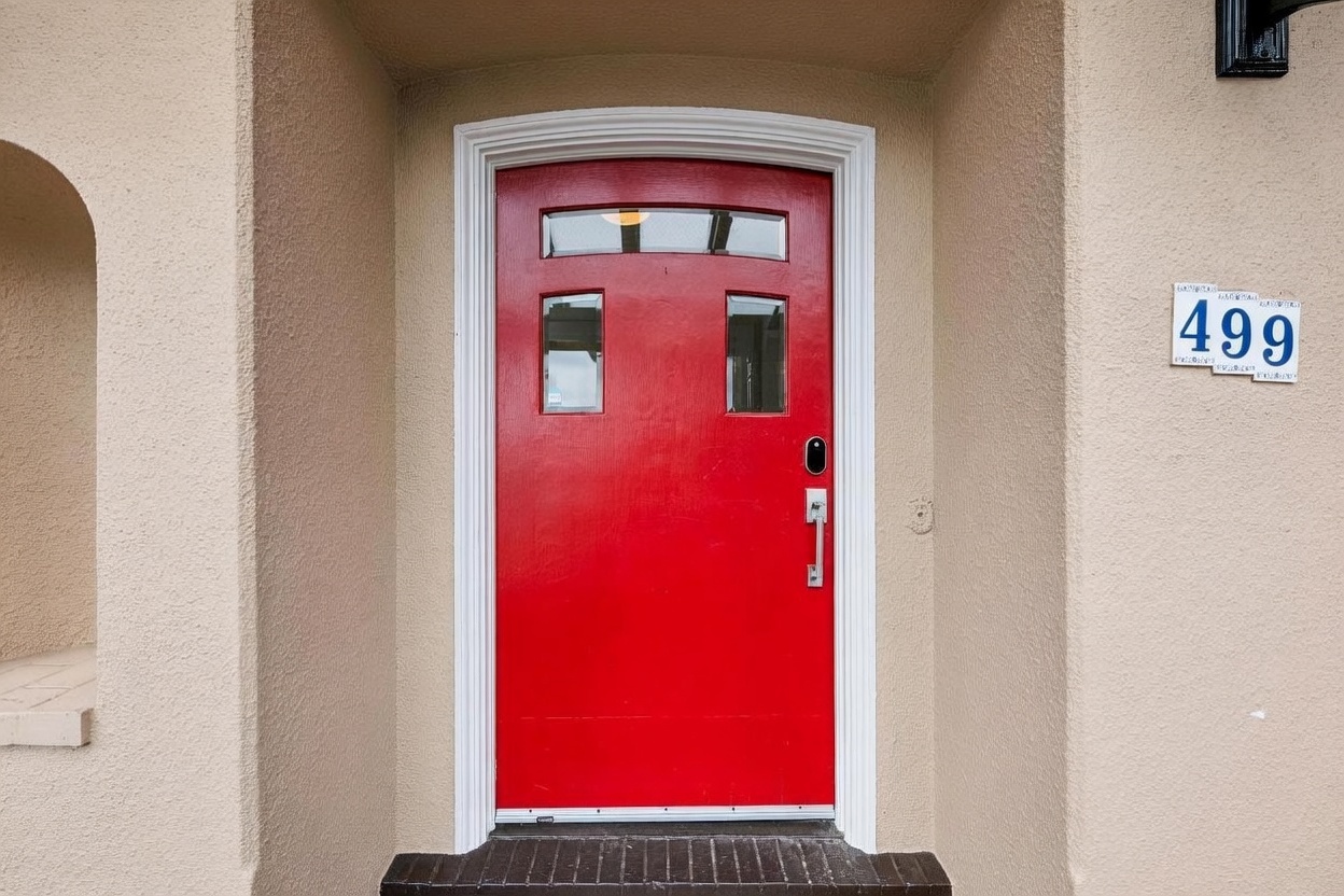 This front entryway features a vibrant red door with two rectangular glass panes and a small arched window above. The door is framed by crisp white trim and set within a recessed, stucco-finished alcove. To the right, a house number plaque displays the digits 499, completing the clean and welcoming facade.