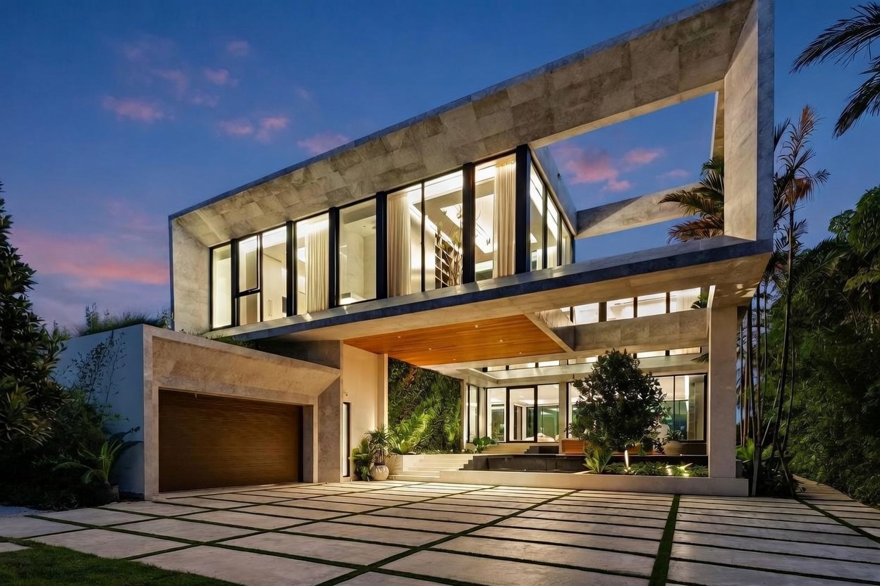 This striking modern residence features a bold, geometric architectural design with extensive use of concrete and large glass panels. The front facade includes a spacious driveway with integrated grass pavers, a covered entryway with a warm wood-paneled ceiling, and a lush vertical garden wall. The perspective is a low-angle, wide shot captured at dusk, highlighting the dramatic interplay between the warm interior lighting and the cool evening sky.