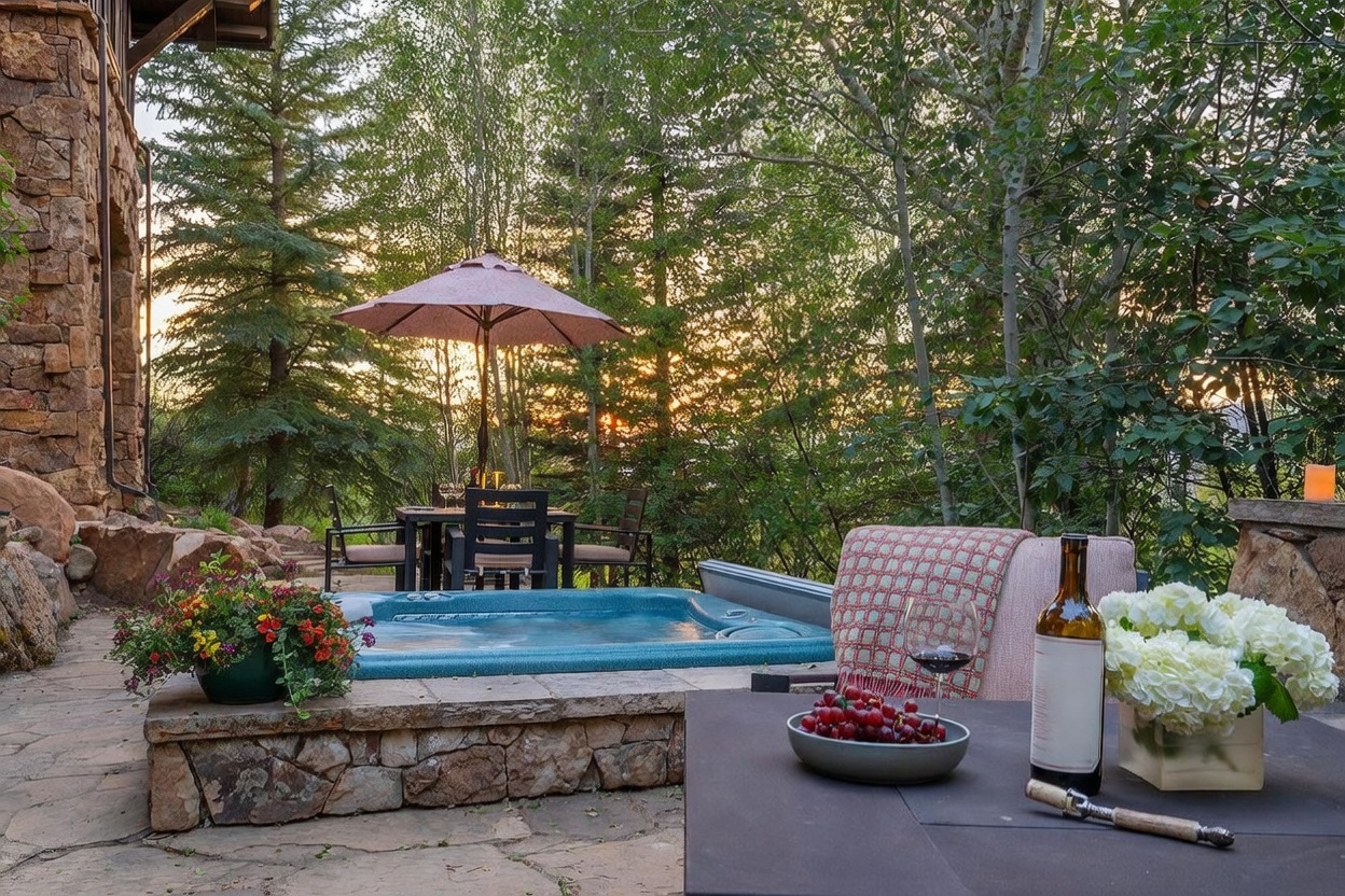 This inviting outdoor patio space features a built-in stone-clad hot tub as the central focal point, set against a backdrop of lush trees and a sunset glow. In the foreground, a table is elegantly set with a bowl of grapes, a wine bottle, and a glass, while a second dining area with an umbrella sits further back on the stone-paved terrace. The scene captures a serene, high-end mountain retreat atmosphere perfect for relaxation and evening entertaining.