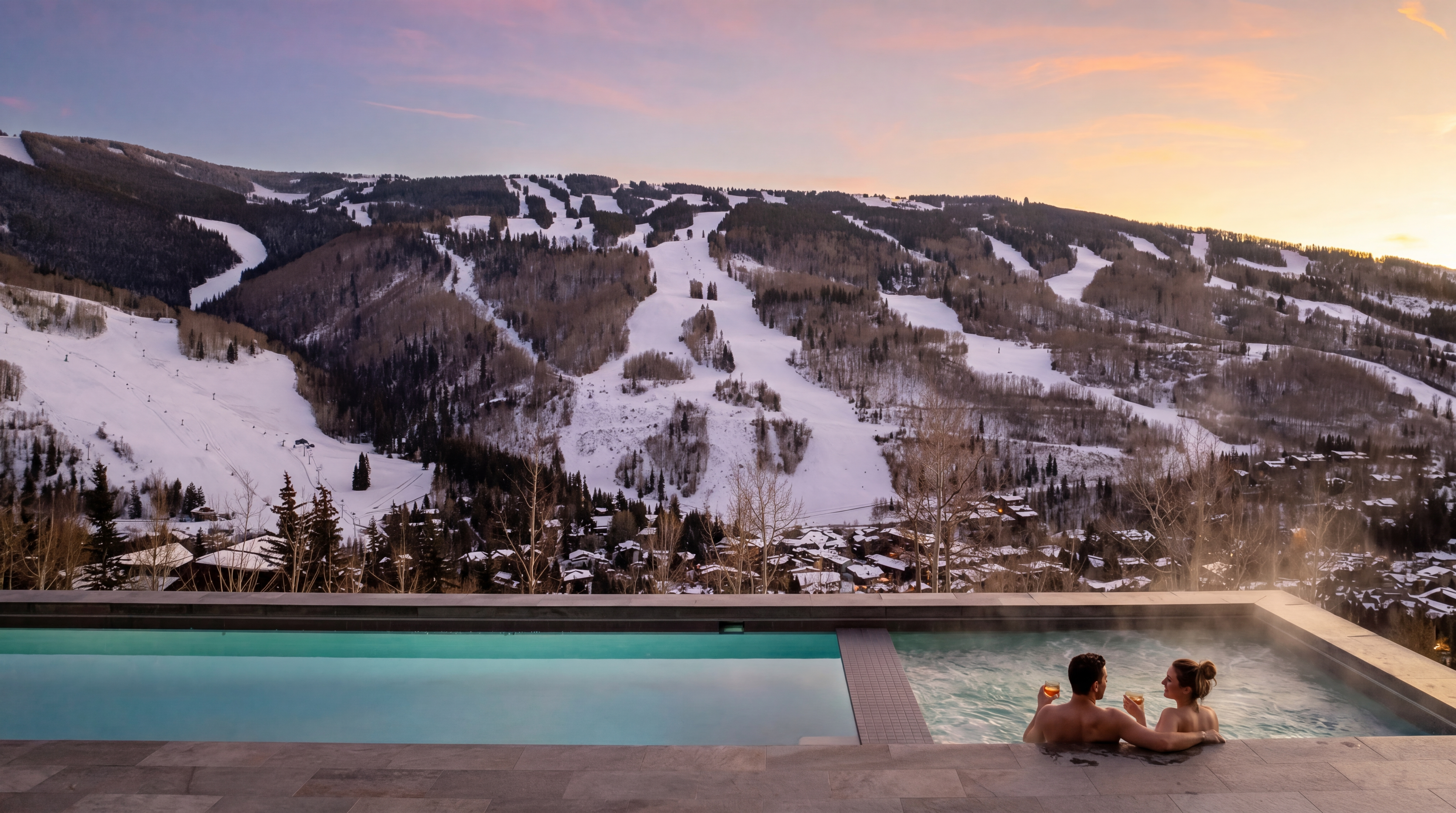 This stunning outdoor space features a sleek, rectangular infinity-edge pool and an adjacent steaming hot tub, both set against a breathtaking panoramic backdrop of snow-covered ski slopes. The foreground is finished with dark, textured stone tiling, creating a sophisticated contrast with the natural mountain landscape. The perspective captures the serene transition from the luxurious water features to the expansive, rugged terrain of the resort mountain at sunset.