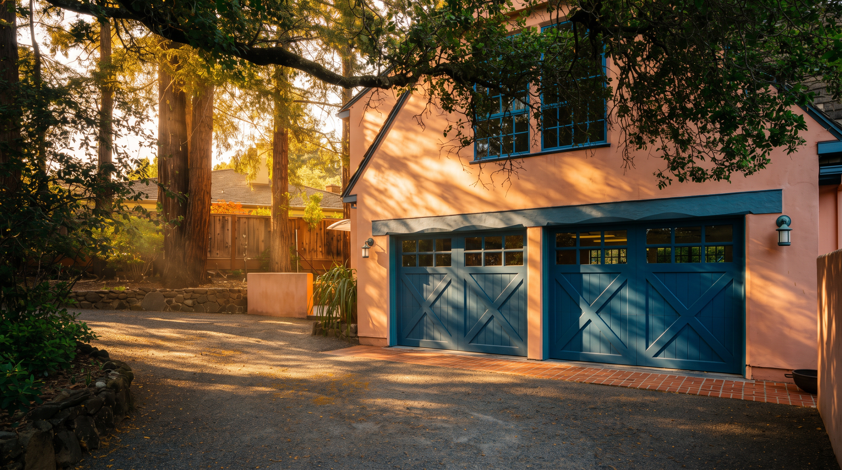 This image captures a two-car garage attached to a peach-colored home, featuring vibrant blue carriage-style doors with X-bracing. A gravel driveway leads up to the garage, which is framed by a brick apron and shaded by the overhanging branches of a large tree. The scene conveys a charming, established residential feel with mature landscaping and a stone retaining wall visible to the left.