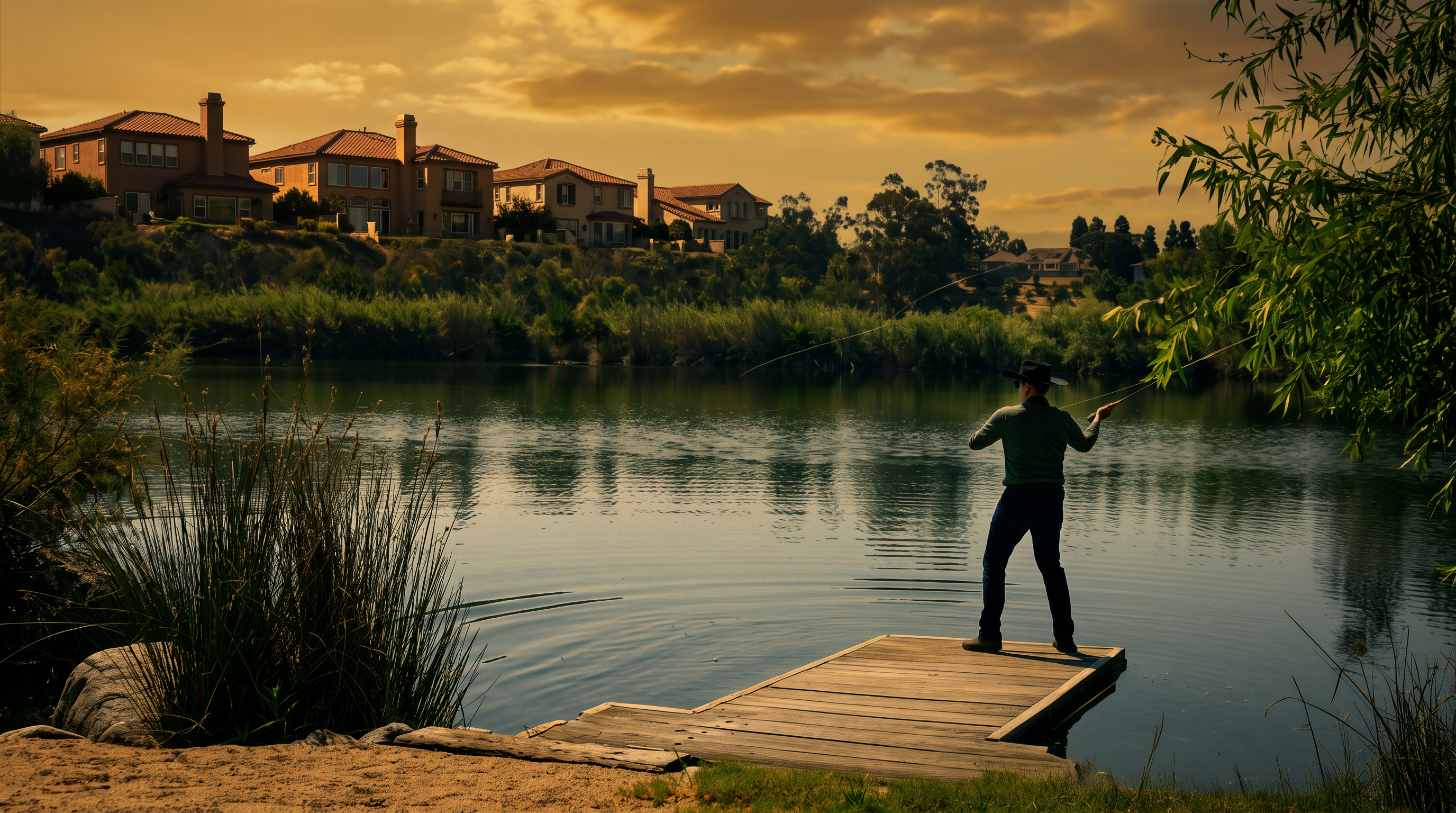 A person wearing a cowboy hat stands on a wooden dock, casting a fishing line into a serene, calm lake. The scene is framed by tall, wild grasses in the foreground and a lush, tree-lined hillside with residential homes in the background. The perspective captures a peaceful, recreational lifestyle feature typical of a community amenity.