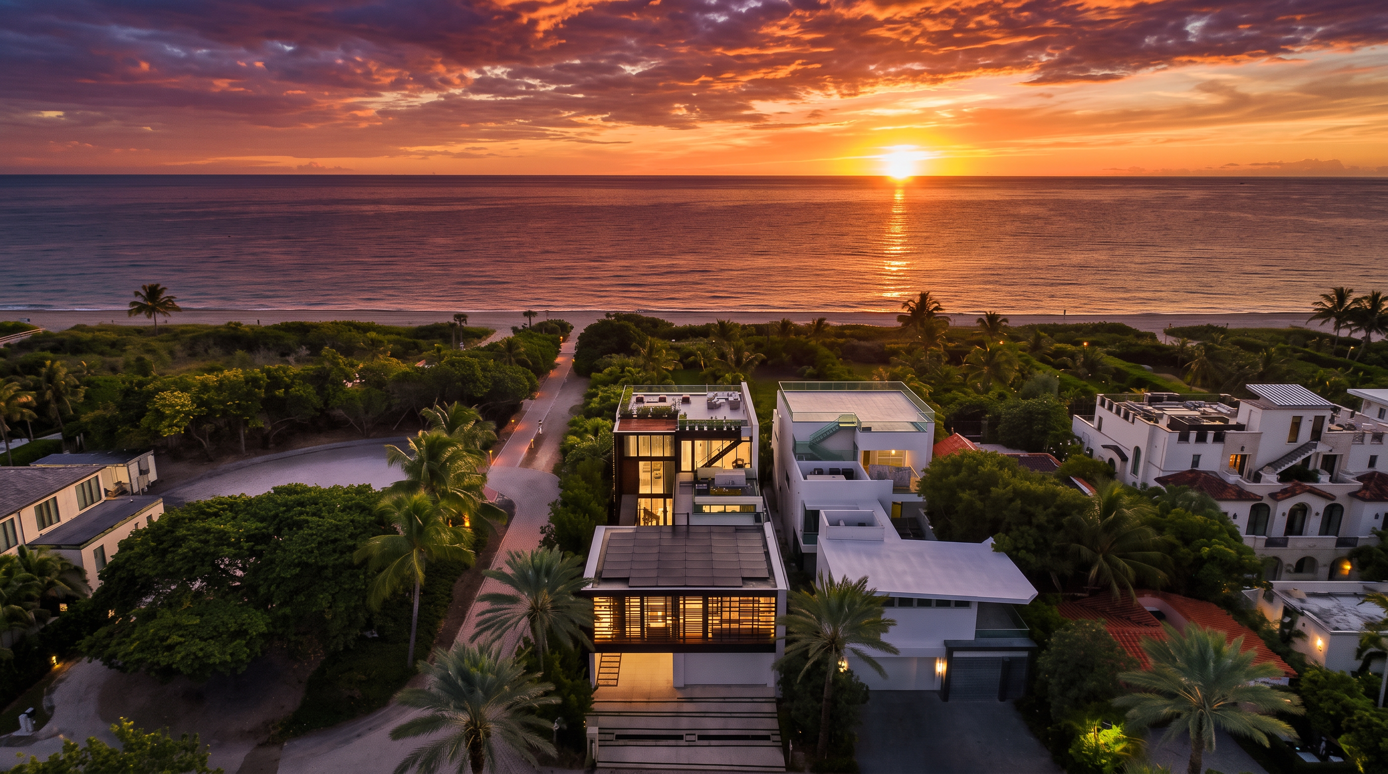 This high-angle aerial view captures a modern, multi-level beachfront residence at sunset. The property features a contemporary architectural design with clean lines, flat rooflines, and extensive glass elements, situated on a narrow lot that extends toward the ocean. The surrounding landscape includes lush tropical greenery, a paved driveway, and a direct path to the sandy beach, creating a serene and luxurious coastal atmosphere.