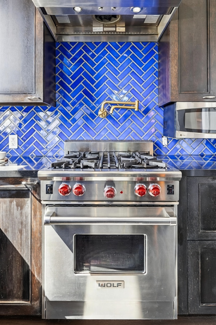 This kitchen features a professional-grade stainless steel Wolf range set against a vibrant blue herringbone-patterned tile backsplash. A gold-toned pot filler faucet is mounted centrally above the stove, providing a striking contrast to the dark wood cabinetry and dark countertops. The perspective is a direct, eye-level shot that highlights the high-end appliances and the bold, decorative tile work.