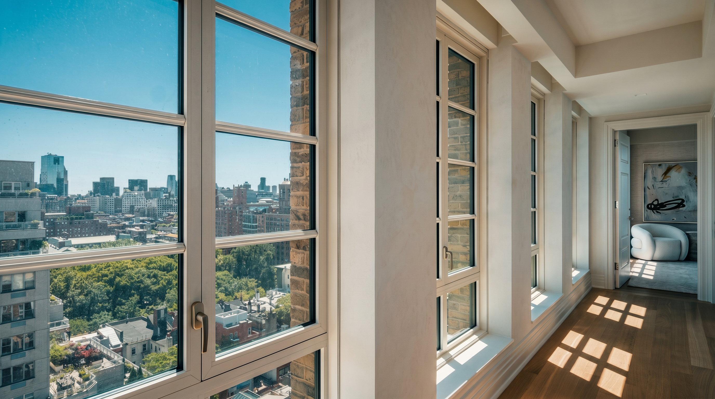 This bright, sun-drenched hallway features light wood flooring and a series of tall windows that offer expansive views of the city skyline and lush green trees below. The clean, minimalist aesthetic is enhanced by the natural light casting geometric shadows across the floor, leading the eye toward an open doorway that reveals a glimpse of a bedroom with modern furniture. The perspective emphasizes the airy, open feel of the space, highlighting the seamless transition between the interior architecture and the urban landscape outside.