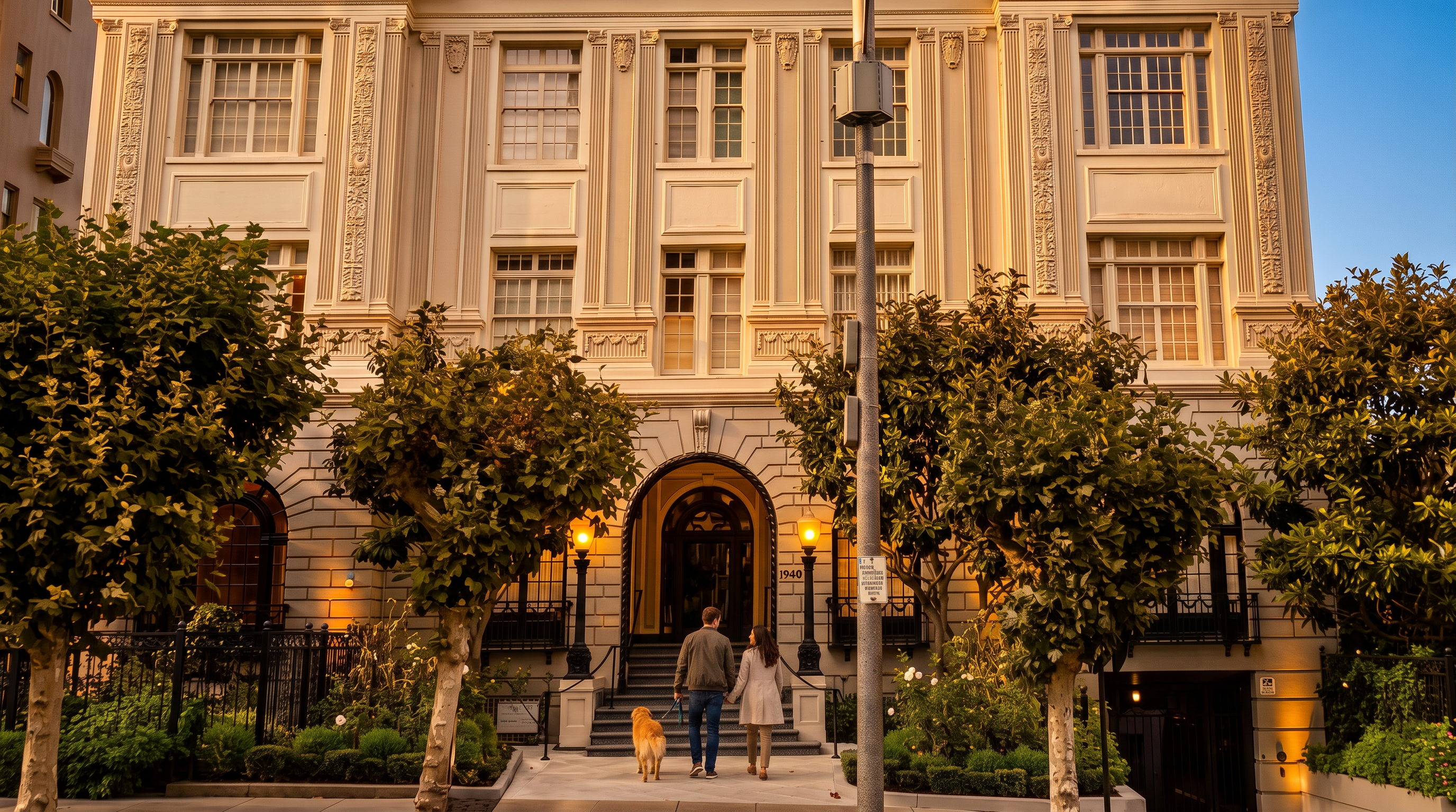 This grand, multi-story residence presents a stately Classical Revival architectural style, highlighted by ornate detailing and symmetrical large-paned windows. The central arched entryway is accessed by a wide staircase, framed by mature trees and a manicured landscape, creating an impressive and private urban frontage.