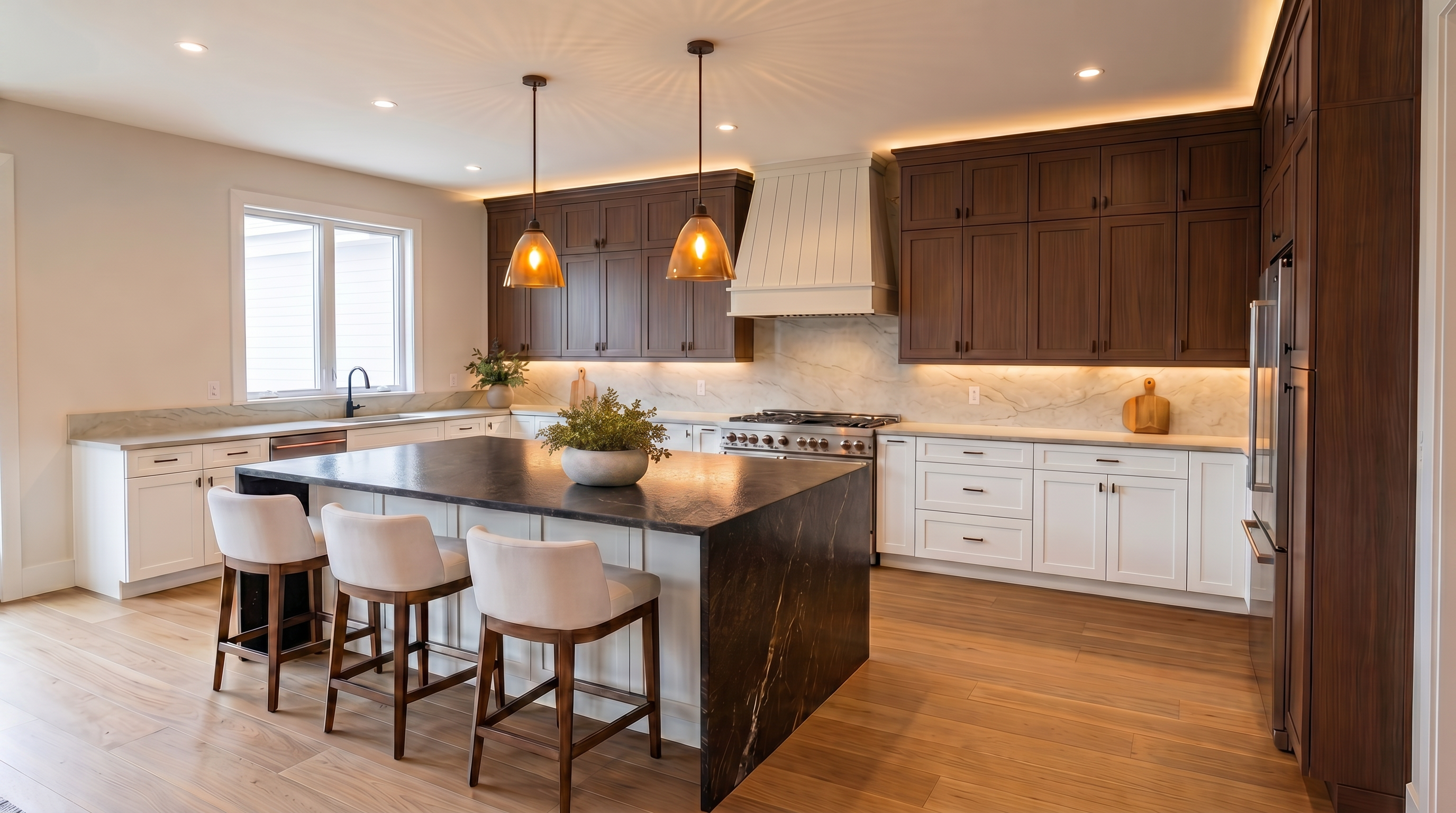 This stunning contemporary kitchen features dual-tone cabinetry blending dark walnut upper and pantry units with sleek white lower cabinets. A dramatic black marble waterfall island serves as the centerpiece, complemented by modern pendant light fixtures and high-end stainless steel appliances. The space boasts integrated under-cabinet lighting, marble-patterned backsplashes, and elegant light oak hardwood flooring, creating a sophisticated and functional culinary environment.