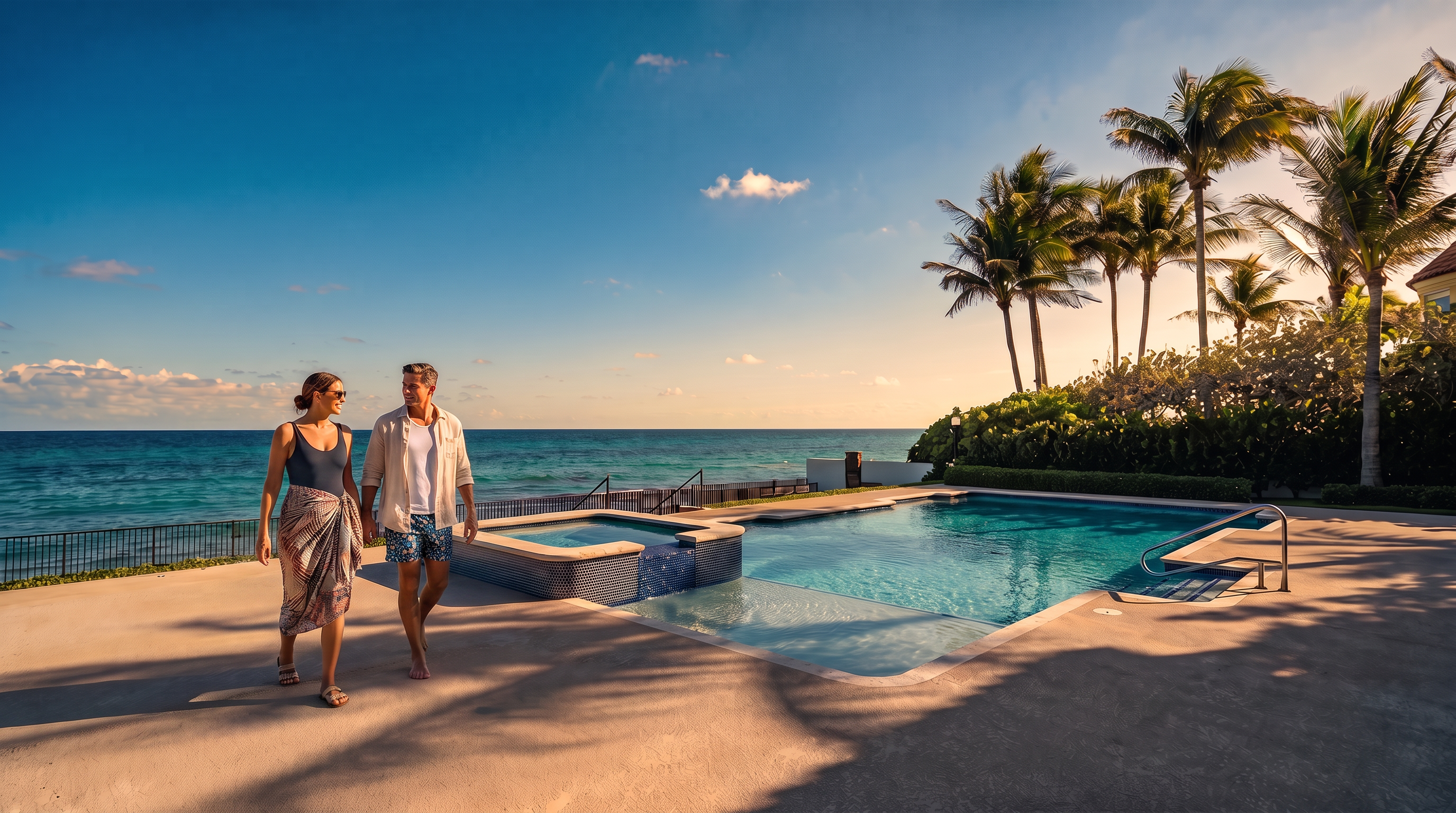 This luxurious outdoor space features a pristine swimming pool and integrated spa overlooking the vast blue ocean. Three white lounge chairs are positioned on the textured pool deck, inviting relaxation while taking in the panoramic water views. The scene is framed by lush tropical palm trees and a clear, bright sky, creating a serene and high-end coastal atmosphere.