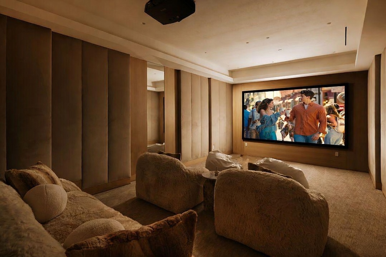 This dedicated home theater room features plush, textured seating arranged for optimal viewing of a large wall-mounted screen. The walls are lined with upholstered panels in a neutral tone, creating a cozy and sound-dampened atmosphere. A projector is mounted to the ceiling, and the room is illuminated by soft, recessed lighting, providing a sophisticated and immersive cinematic experience.