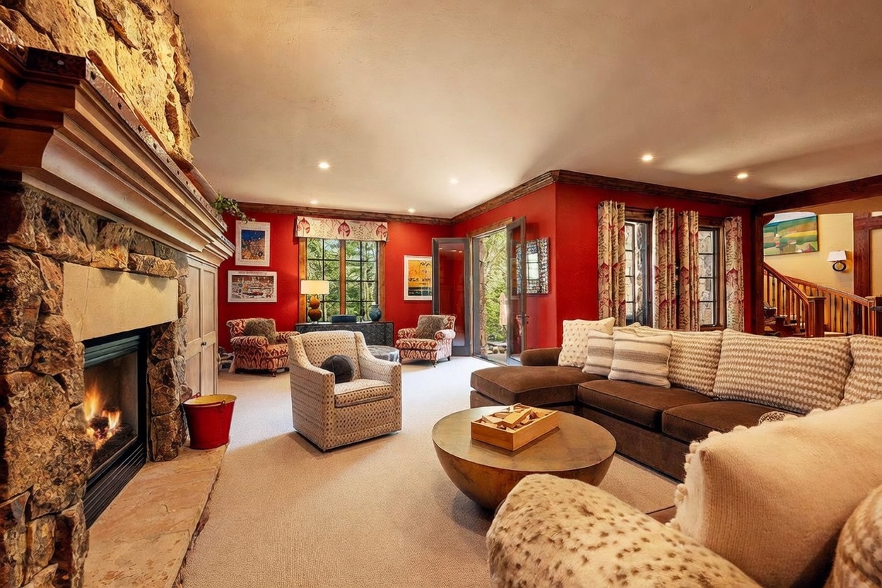 This spacious living room features bold red walls and a prominent stone-clad chimney breast that anchors the space. A large, plush sectional sofa and patterned armchairs create a comfortable seating area around a circular coffee table, while tall windows with patterned curtains allow natural light to fill the room. The warm, inviting atmosphere is enhanced by the rustic stone textures and the open transition to an adjacent staircase.