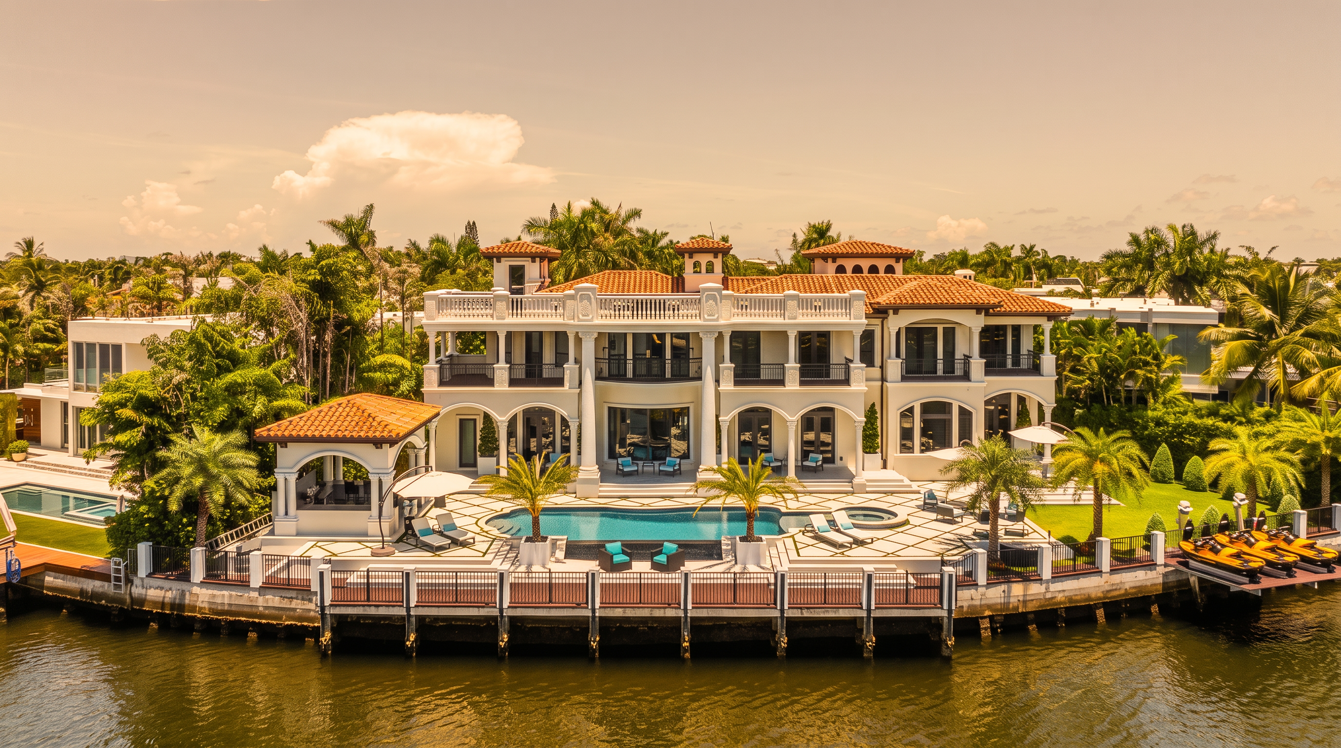 This expansive Mediterranean-style waterfront estate features a grand two-story facade with arched architectural details, a terracotta tile roof, and a prominent swimming pool area. The rear of the home opens onto a stone-paved patio with a covered gazebo, overlooking a private dock equipped with multiple jet skis. Lush tropical landscaping and mature palm trees frame the property, creating a luxurious and serene atmosphere along the water's edge.