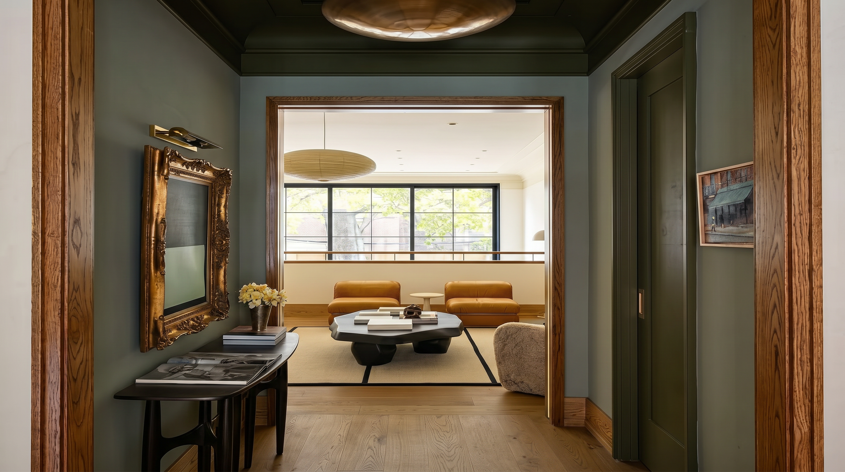 This elegant hallway serves as a transitional space, featuring rich wood trim and flooring that leads the eye toward a bright, open living area beyond. The foreground includes a sleek console table with a decorative mirror, while the background reveals a sophisticated seating area with warm-toned furniture and a large window. The composition uses a framed perspective to create a sense of depth and architectural continuity throughout the home.