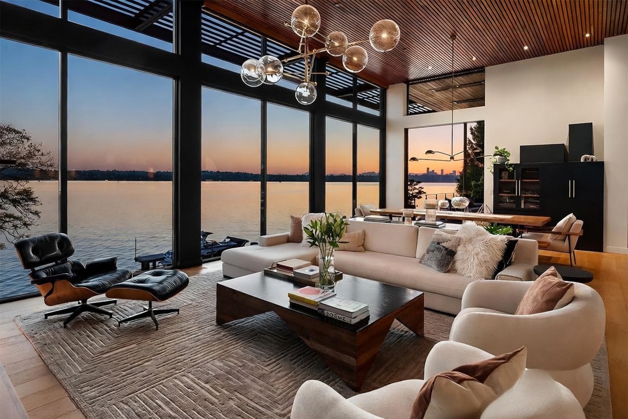 This sophisticated living room features an expansive wall of floor-to-ceiling windows that frame a stunning sunset view over the water. The space is anchored by a large, neutral-toned sectional sofa, a low-profile wooden coffee table, and a classic lounge chair with an ottoman, all set upon a textured area rug. A striking, multi-globe chandelier hangs from the slatted wood ceiling, adding a modern architectural element to the open-concept living and dining area.