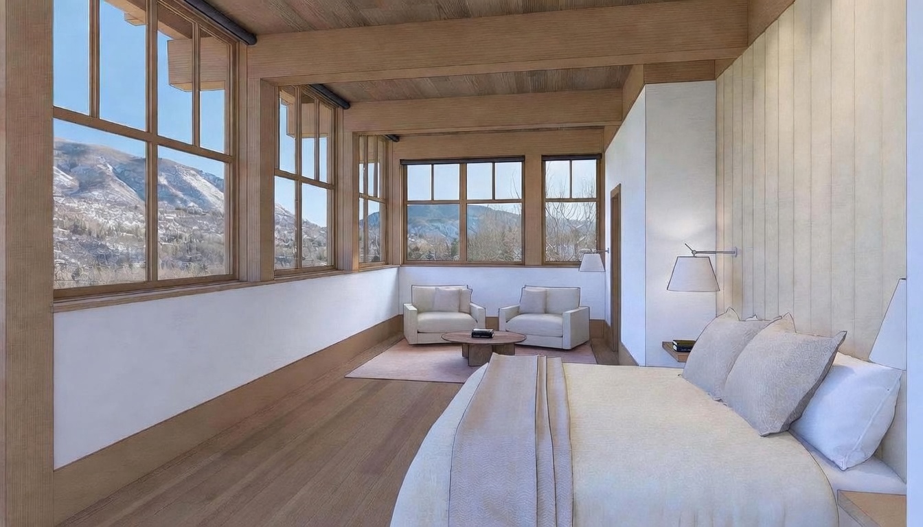 This spacious primary bedroom features a neutral color palette with light wood flooring and paneled walls, creating a serene and sophisticated atmosphere. A cozy seating area with two armchairs and a small round table is positioned in front of large windows that offer expansive views of a snow-covered mountain landscape. The room is accented by a wall-mounted lamp and a plush bed, emphasizing a clean, modern aesthetic with a focus on natural light and scenic vistas.