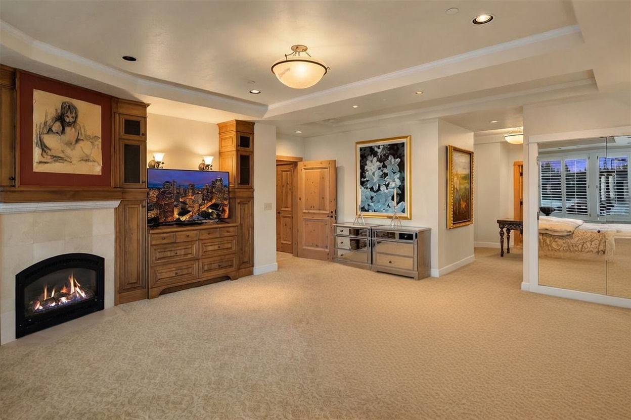 This spacious primary bedroom features a neutral color palette with a large bed as the focal point, positioned near a mirrored dresser and a fireplace with a wood-encased media center. The room includes a tall stone-clad fireplace surround, custom built-in cabinetry, and a doorway leading to an adjacent space, all illuminated by recessed lighting and a central chandelier. The perspective is from the foot of the bed, capturing the warm, inviting atmosphere of the suite.