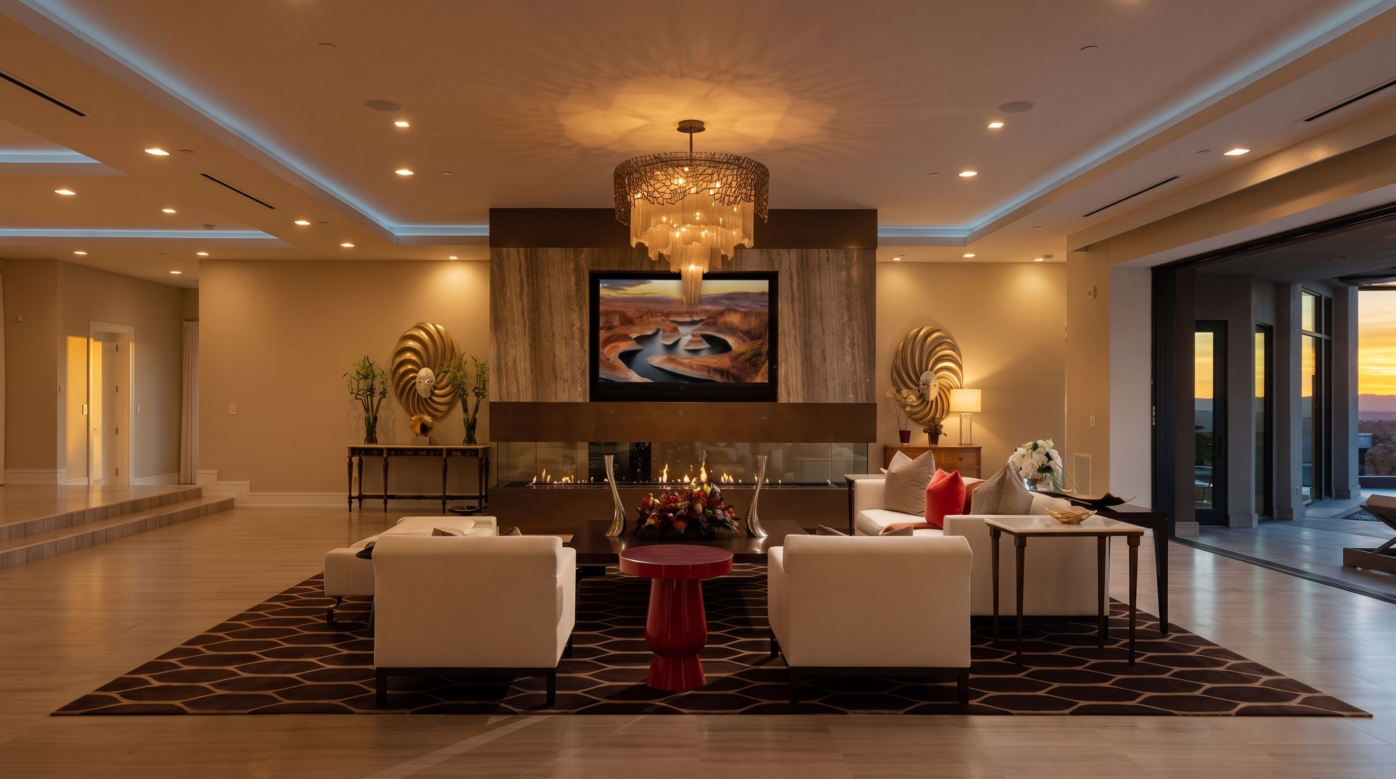 This expansive, open-concept living room features a central seating area anchored by a dark, geometric-patterned rug and a striking red circular coffee table. A prominent, full-height stone-clad chimney breast serves as the focal point, housing a television and a linear fireplace below. The room is framed by neutral walls, recessed lighting, and large glass doors that open to an outdoor space, creating a bright and sophisticated atmosphere.