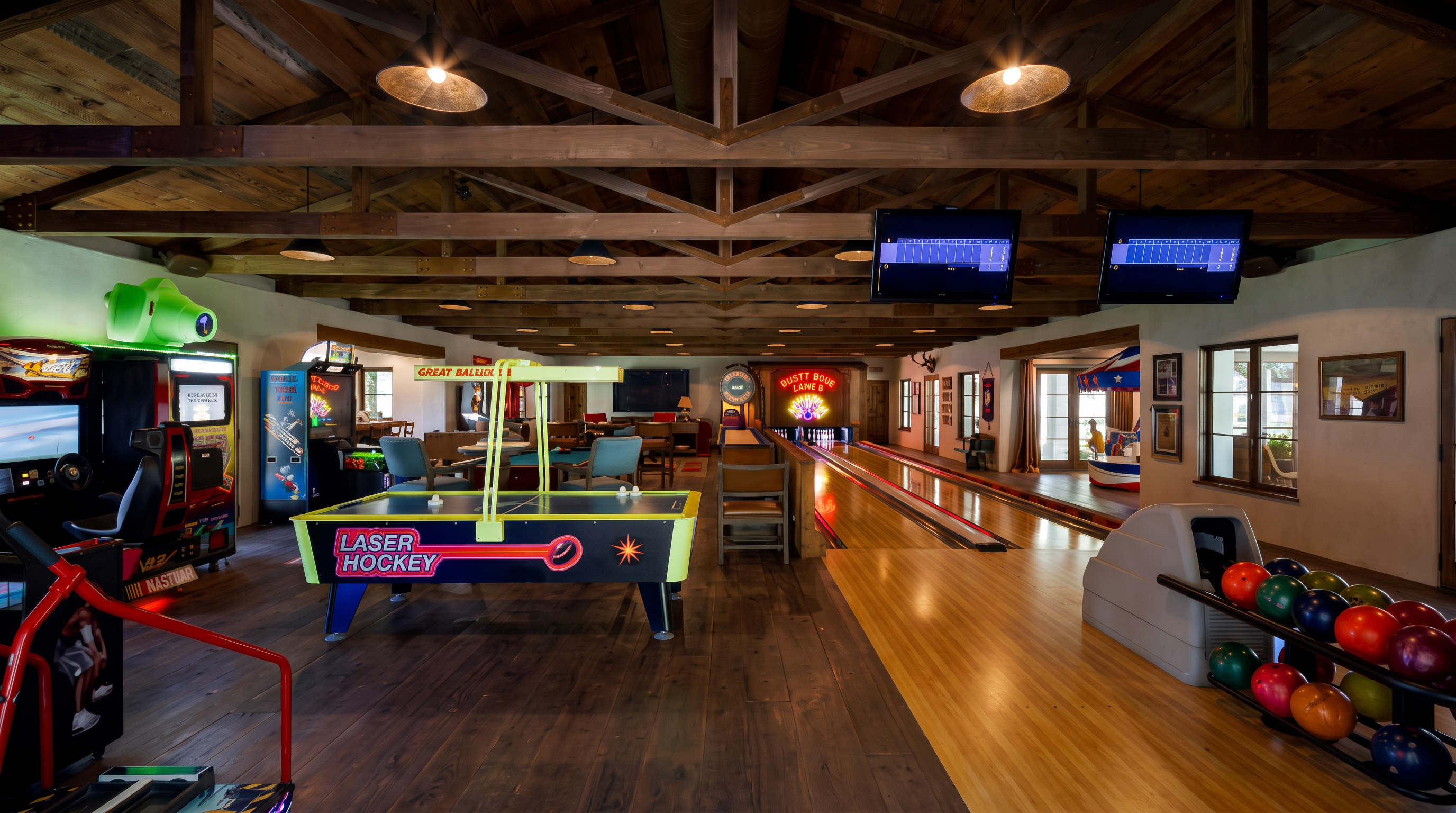 This expansive game room features a private bowling alley with two lanes and a dedicated ball return rack. The space is equipped with various arcade games, including a laser hockey table, and is framed by exposed wooden ceiling beams that add a rustic, lodge-like aesthetic. The room is designed for entertainment, offering a wide-open layout that seamlessly integrates multiple recreational activities.