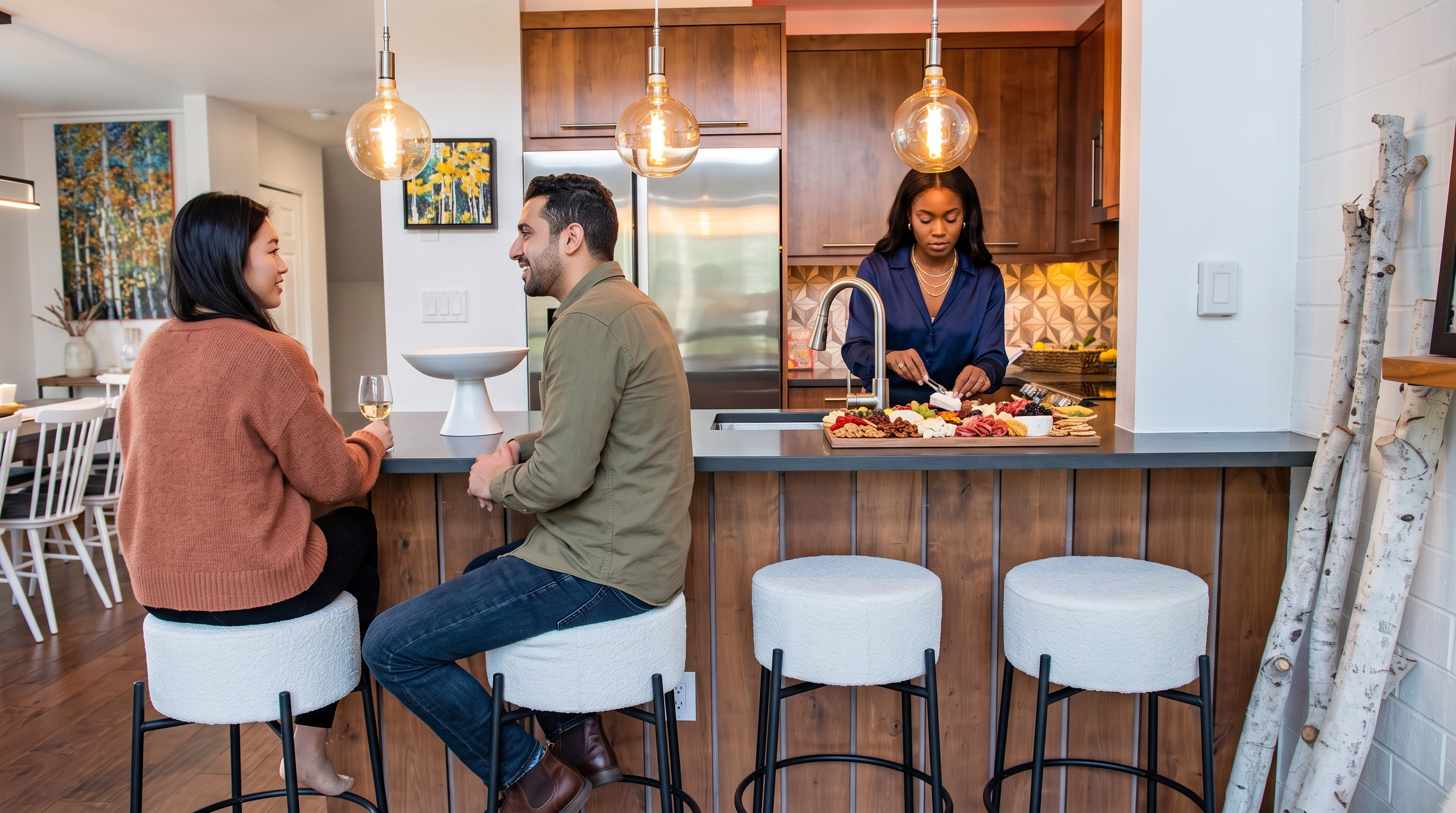 This modern kitchen features a spacious island with a dark countertop and custom wood-slat cabinetry, providing an ideal setting for entertaining. The space includes elegant pendant lighting, high-end stainless steel appliances, and a unique birch-log decorative accent, creating a warm and contemporary atmosphere. Its open-concept design seamlessly integrates food preparation and social areas, making it a highly desirable feature for prospective homebuyers.